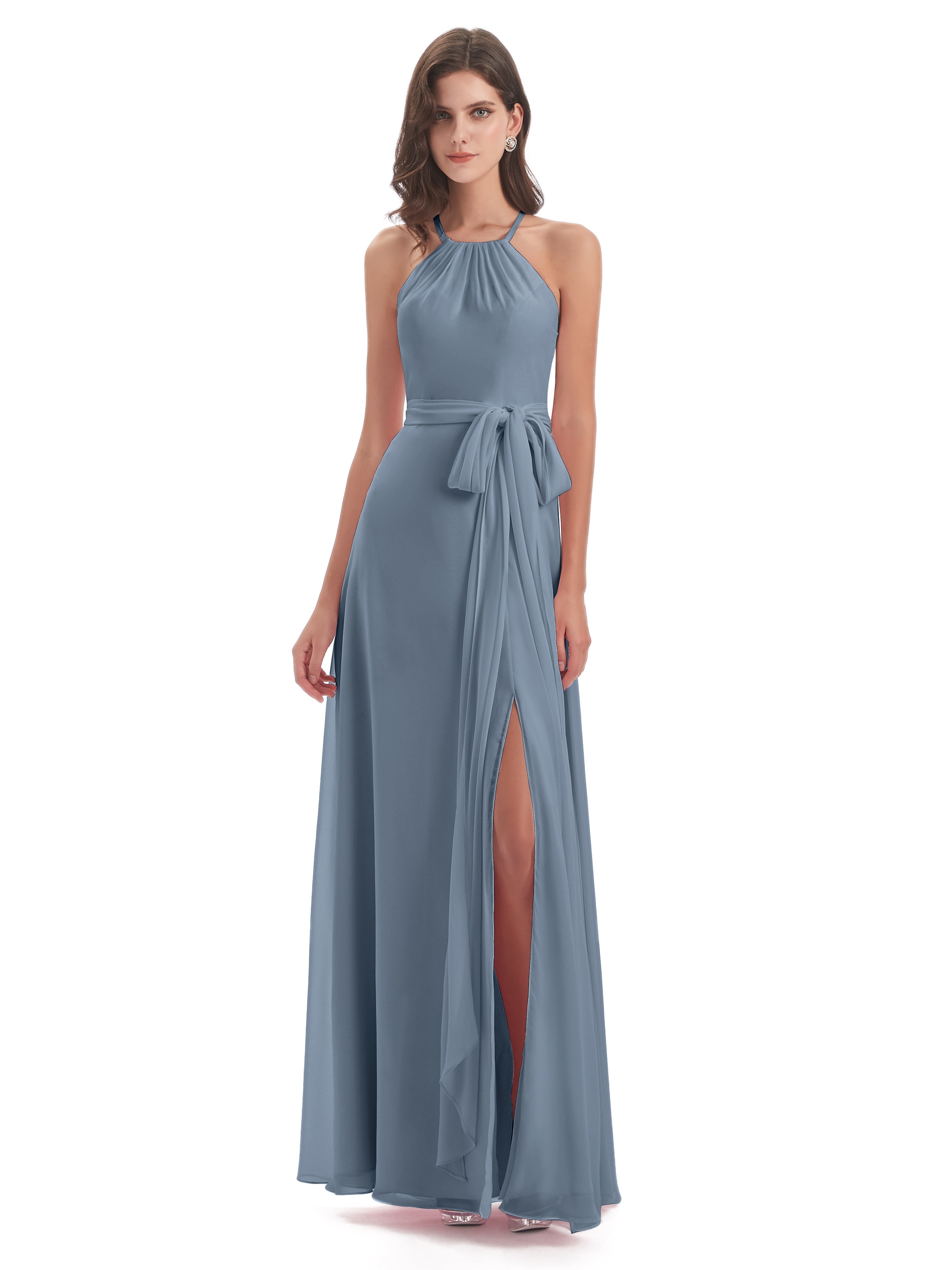 Robe Demoiselle D Honneur Bleu Poussiereux Dos Nu Licou Fendue Robes Demoiselle D'Honneur