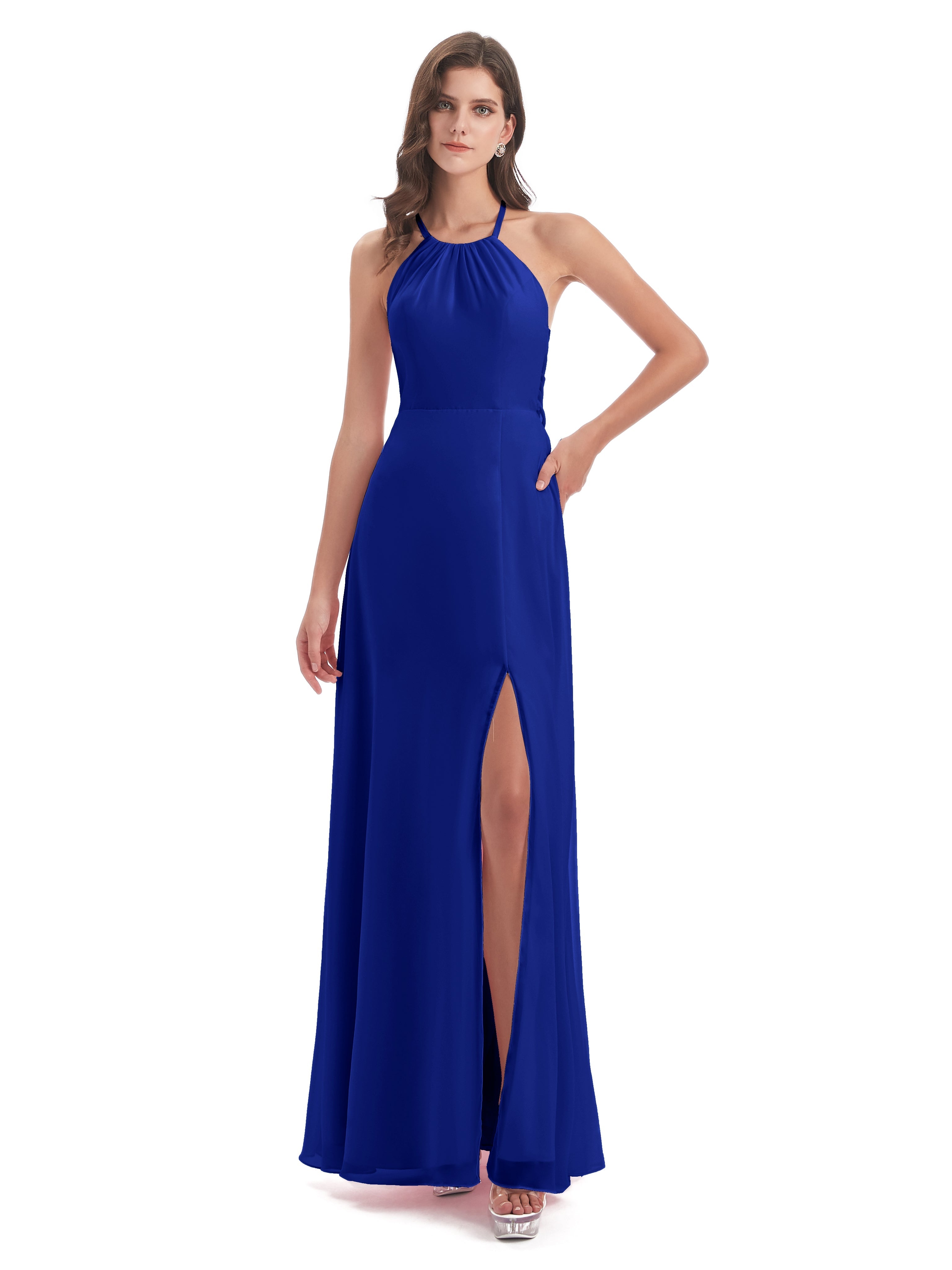 Robes De Demoiselle D'Honneur Bleu Royal Dos Nu Licou Fendue Robes Demoiselle D'Honneur