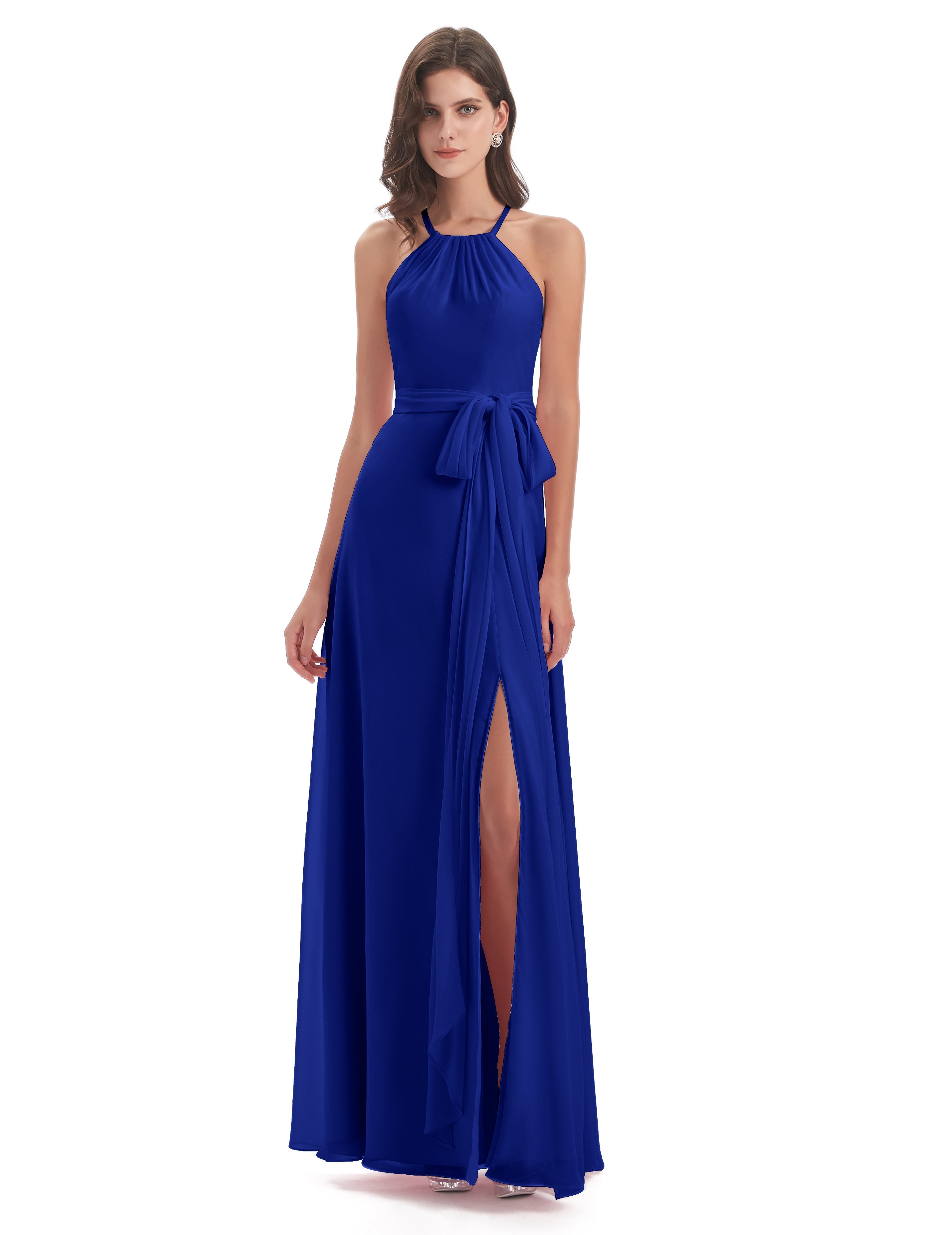 Robes De Demoiselle D'Honneur Bleu Royal Dos Nu Licou Fendue Robes Demoiselle D'Honneur