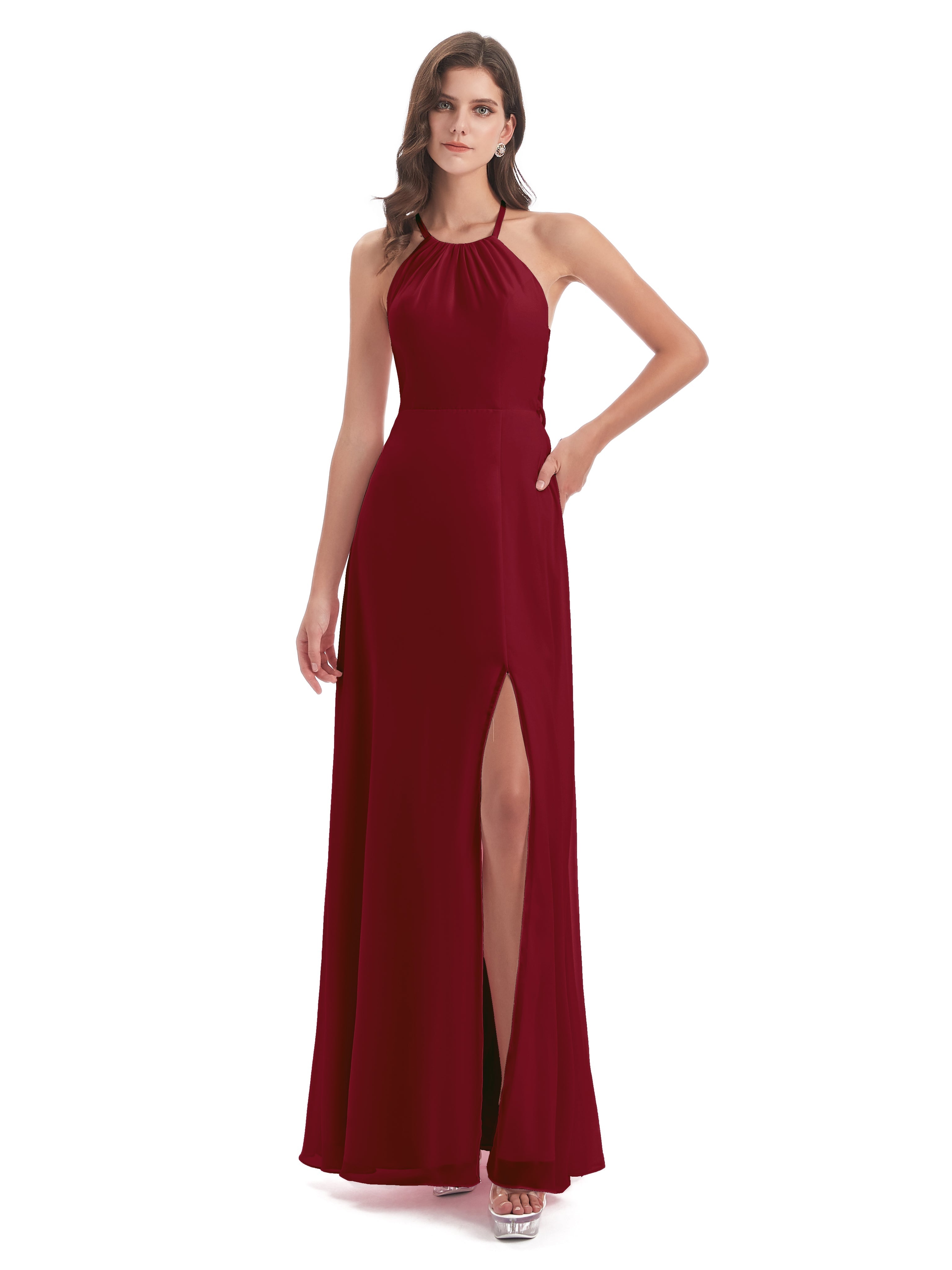 Robes De Demoiselle D'Honneur Bordeaux Longues Dos Nu Licou Fendue Robes Demoiselle D'Honneur