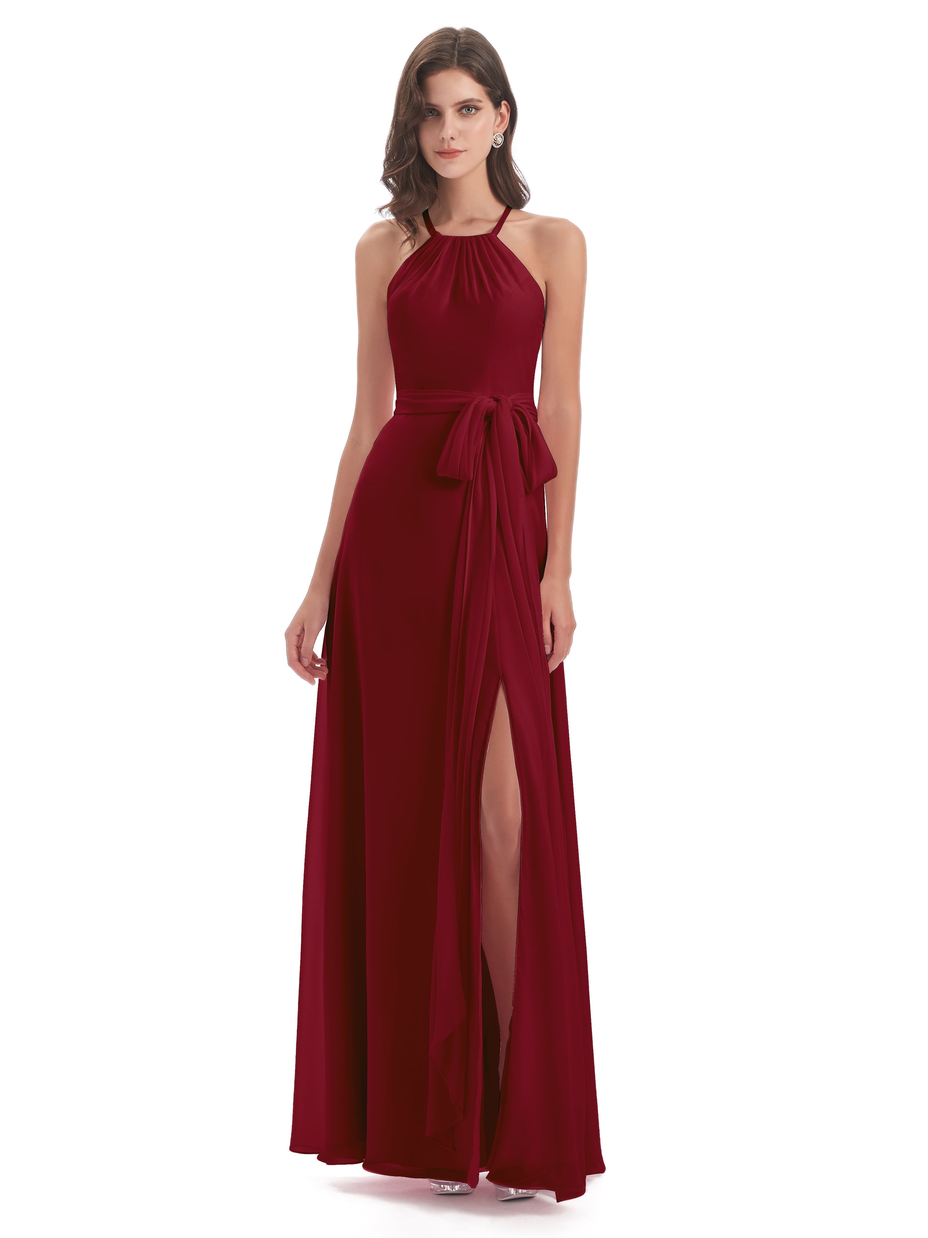 Robes De Demoiselle D'Honneur Bordeaux Longues Dos Nu Licou Fendue Robes Demoiselle D'Honneur