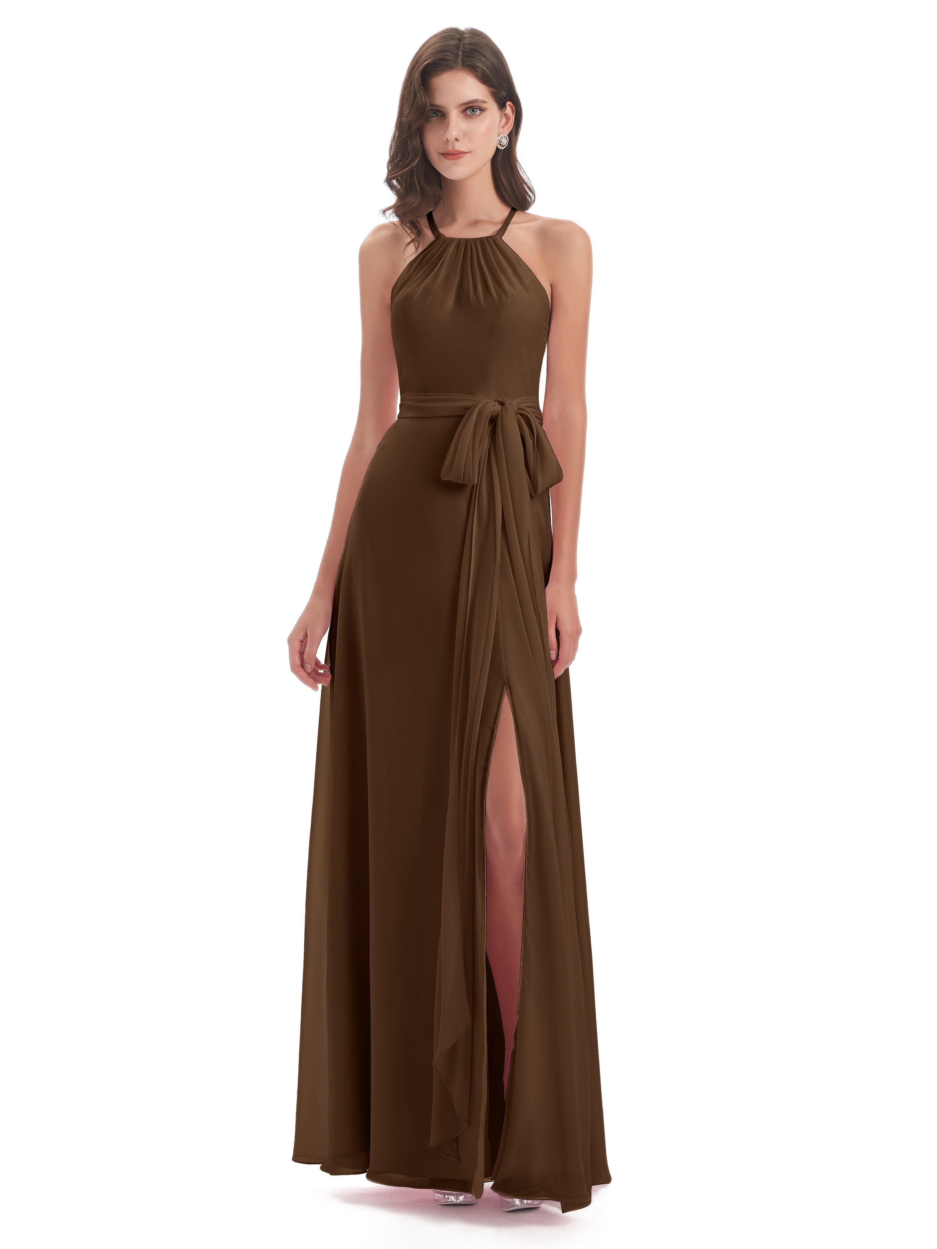Robe Demoiselle D Honneur Brun Dos Nu Licou Fendue Robes Demoiselle D'Honneur