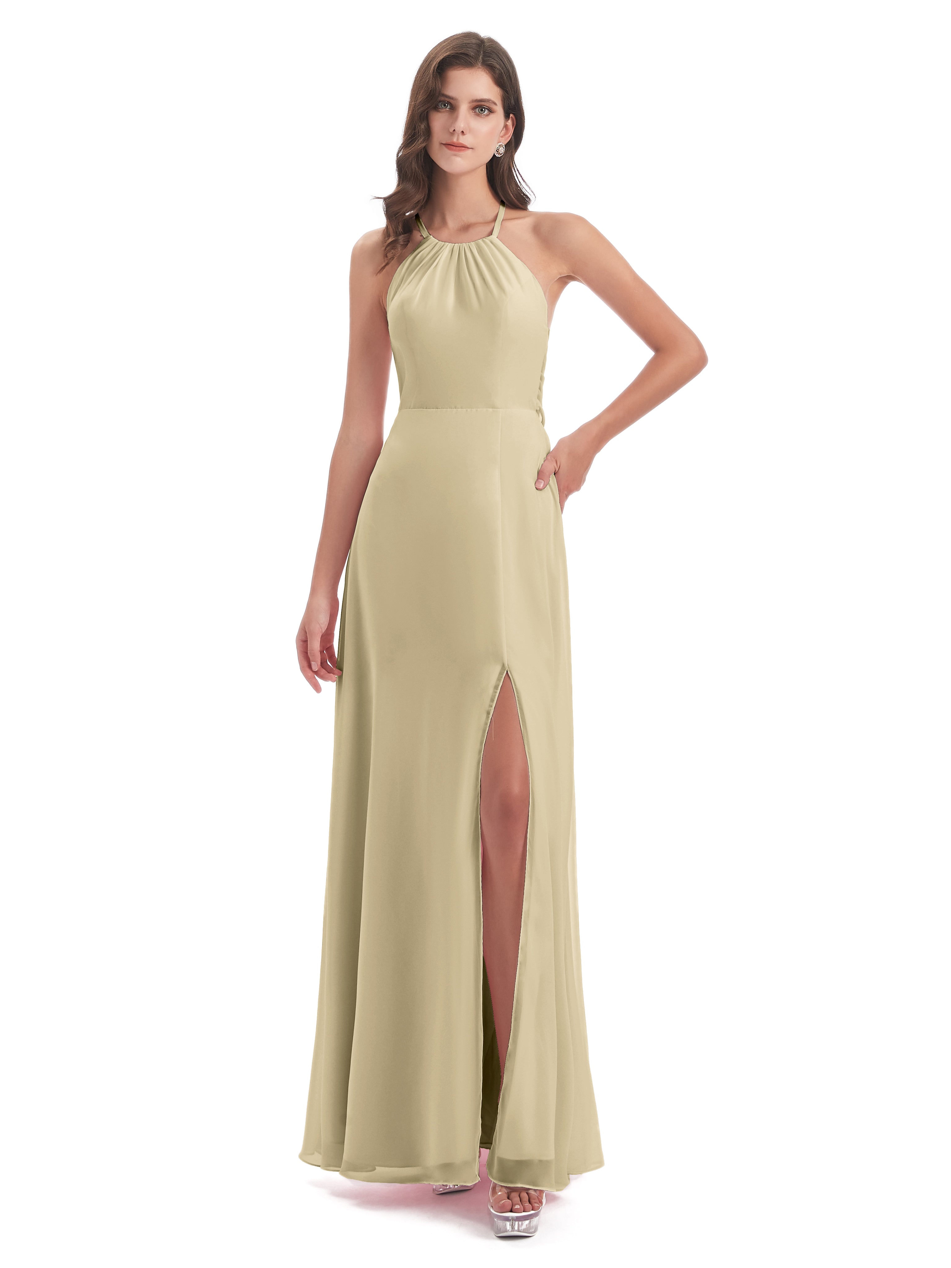 Robe Longue Demoiselle D Honneur Champagne Dos Nu Licou Fendue Robes Demoiselle D'Honneur