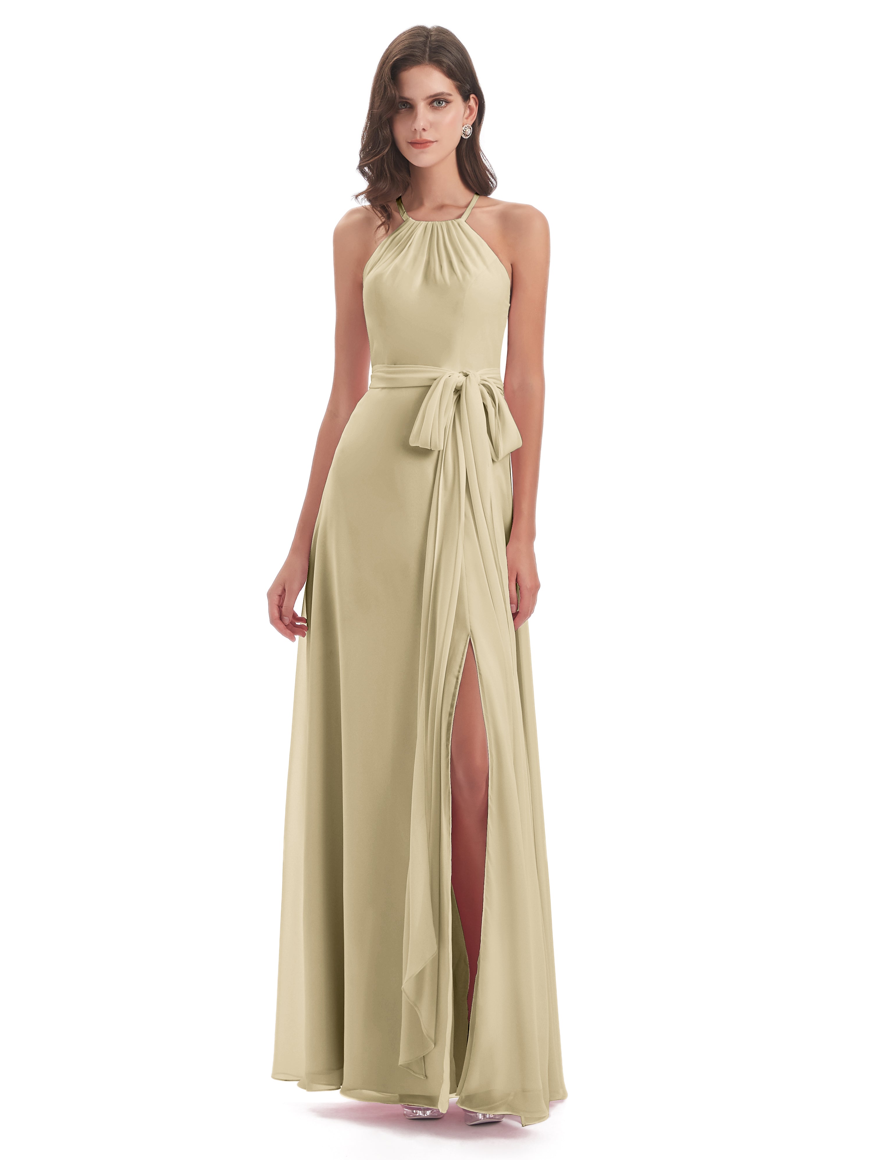 Robe Longue Demoiselle D Honneur Champagne Dos Nu Licou Fendue Robes Demoiselle D'Honneur