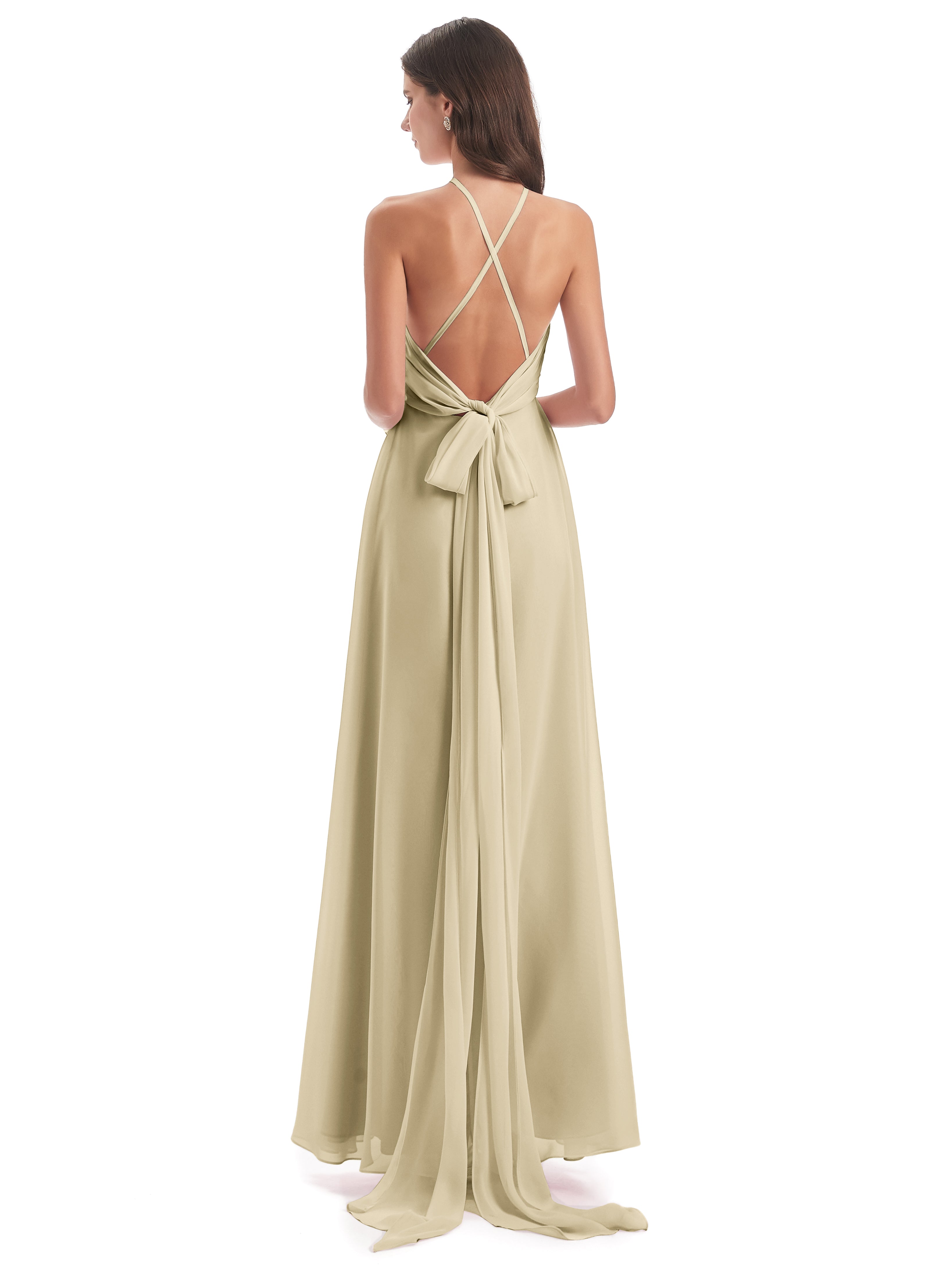 Robe Longue Demoiselle D Honneur Champagne Dos Nu Licou Fendue Robes Demoiselle D'Honneur