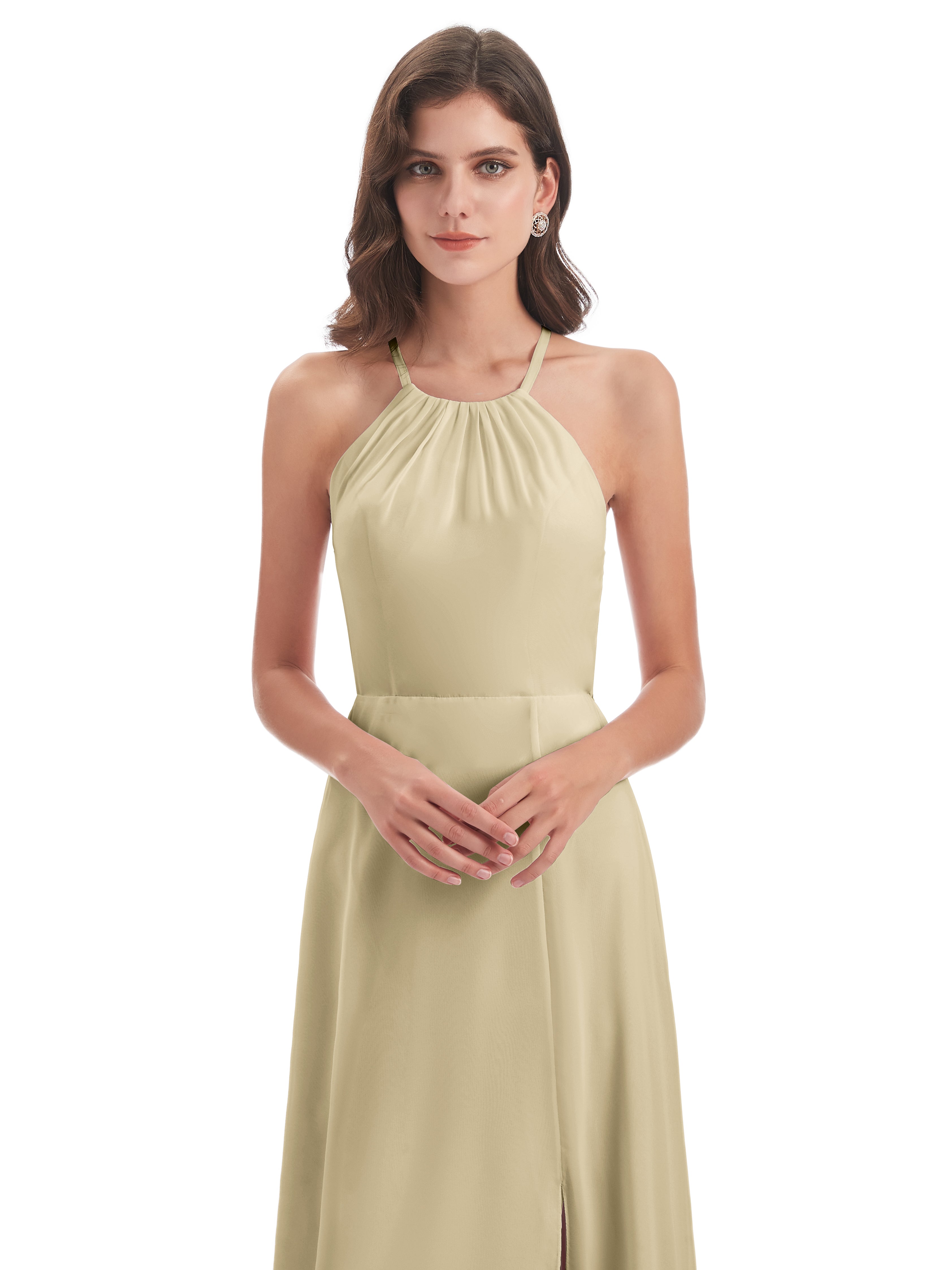 Robe Longue Demoiselle D Honneur Champagne Dos Nu Licou Fendue Robes Demoiselle D'Honneur