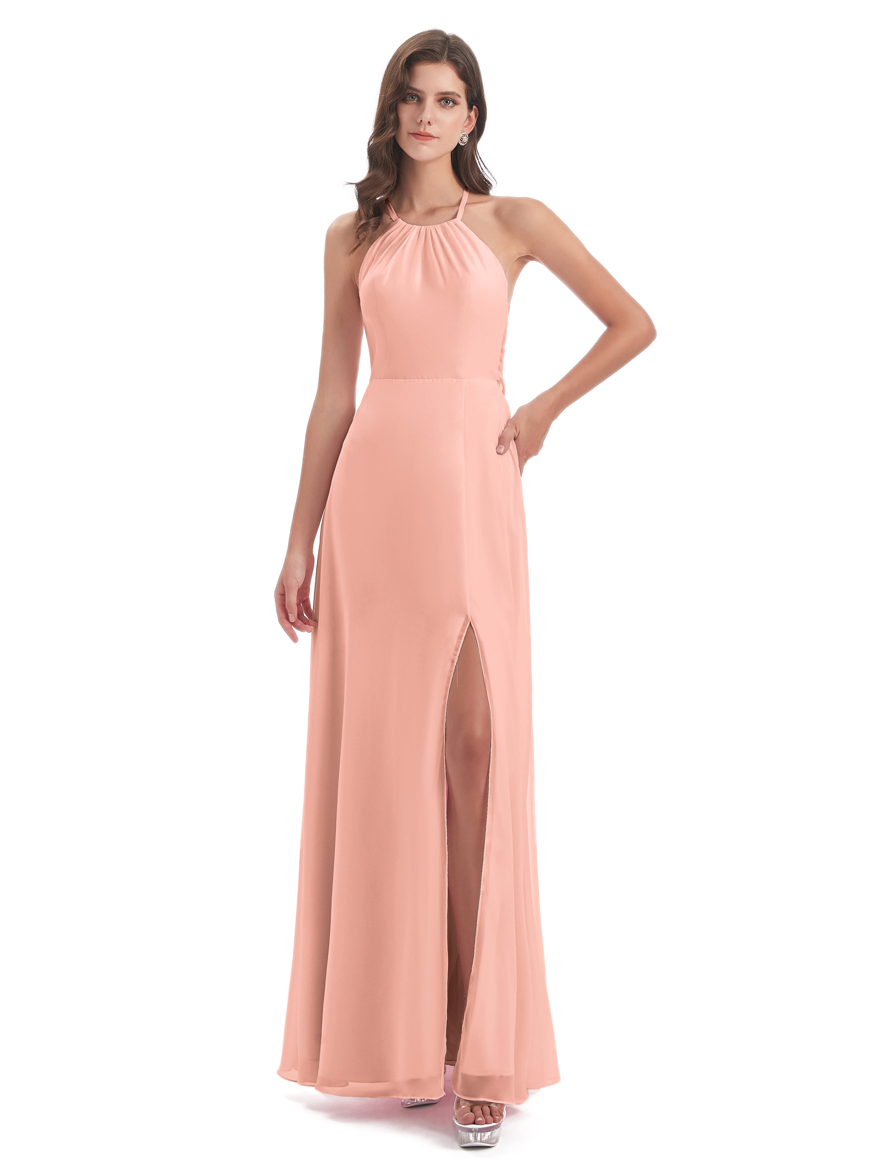 Robe Demoiselle D Honneur Corail Dos Nu Licou Fendue Robes Demoiselle D'Honneur