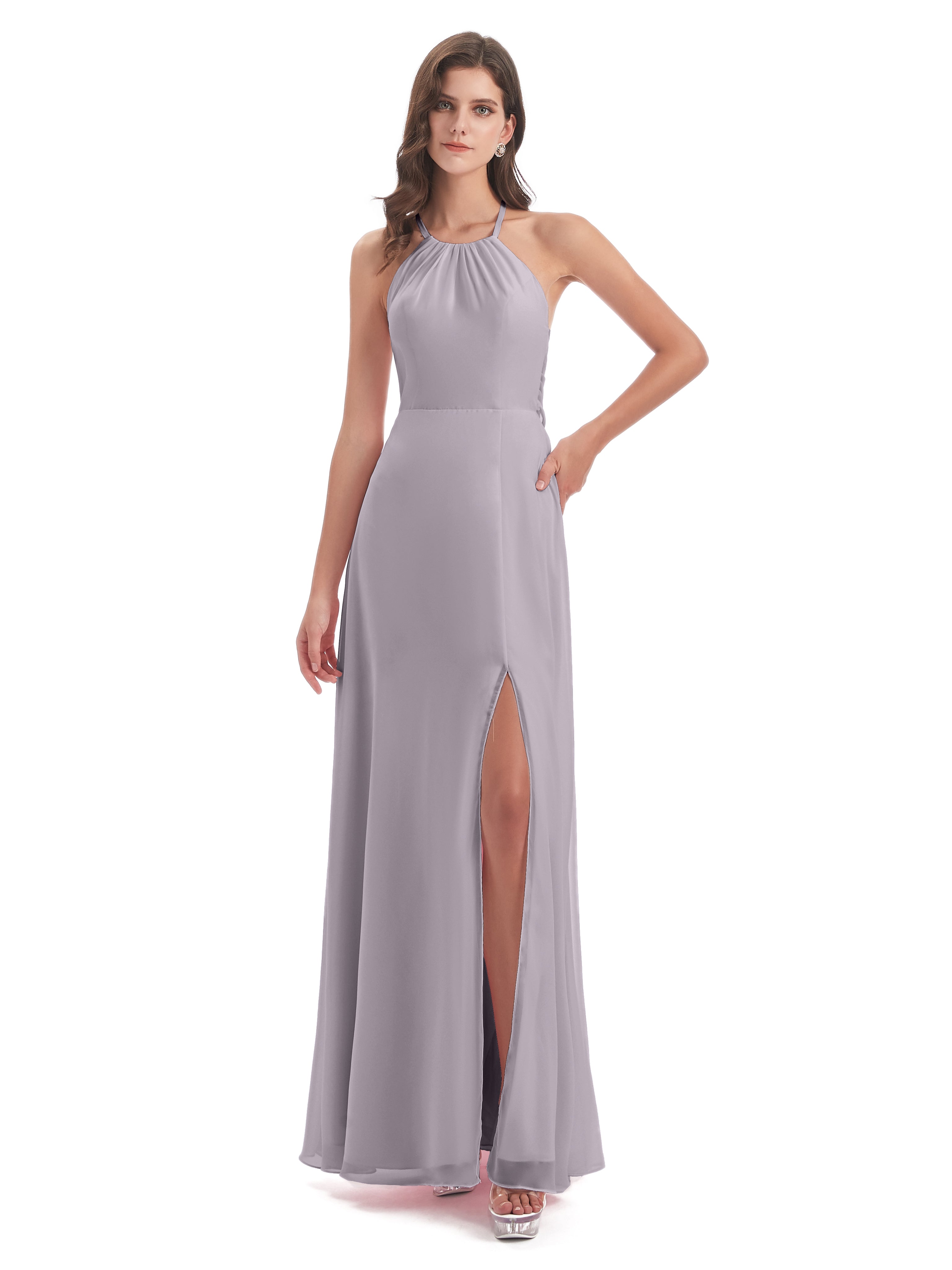 Robes De Demoiselle D'Honneur Couleur Crépuscule Dos Nu Licou Fendue Robes Demoiselle D'Honneur