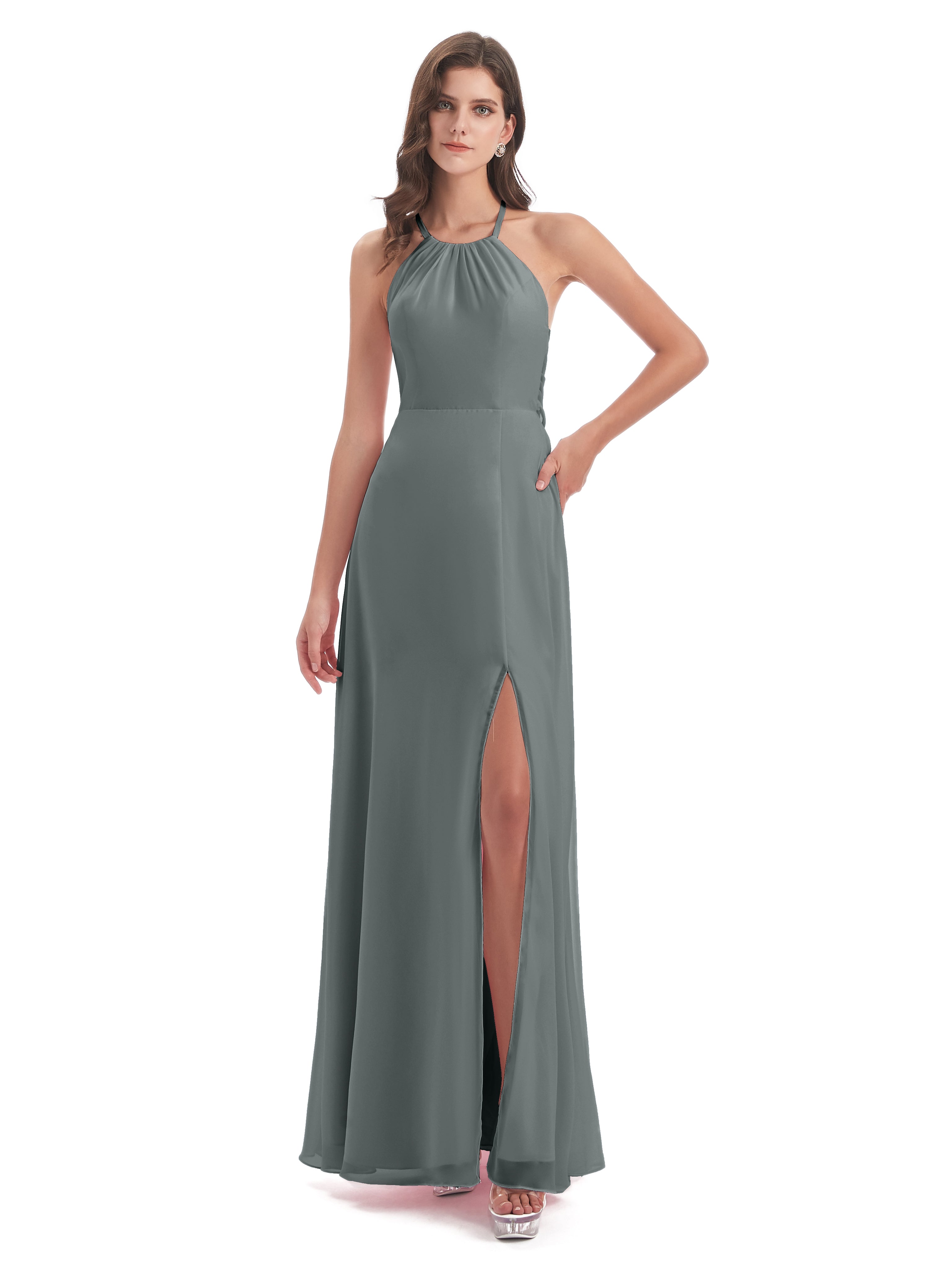 Robes De Demoiselle D'Honneur En Argent Dos Nu Licou Fendue Robes Demoiselle D'Honneur