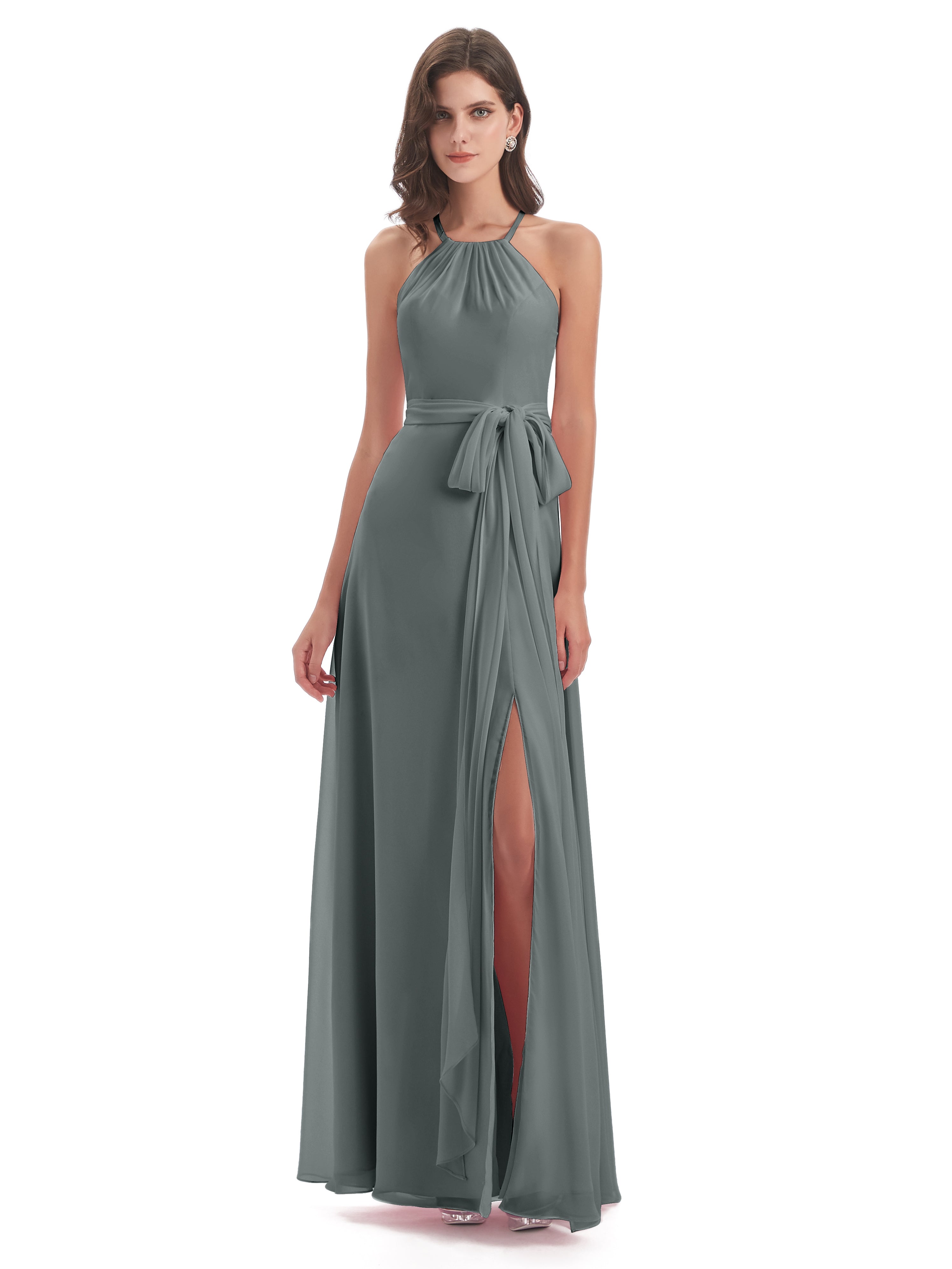 Demoiselle D Honneur Gris Dos Nu Licou Fendue Robes Demoiselle D'Honneur
