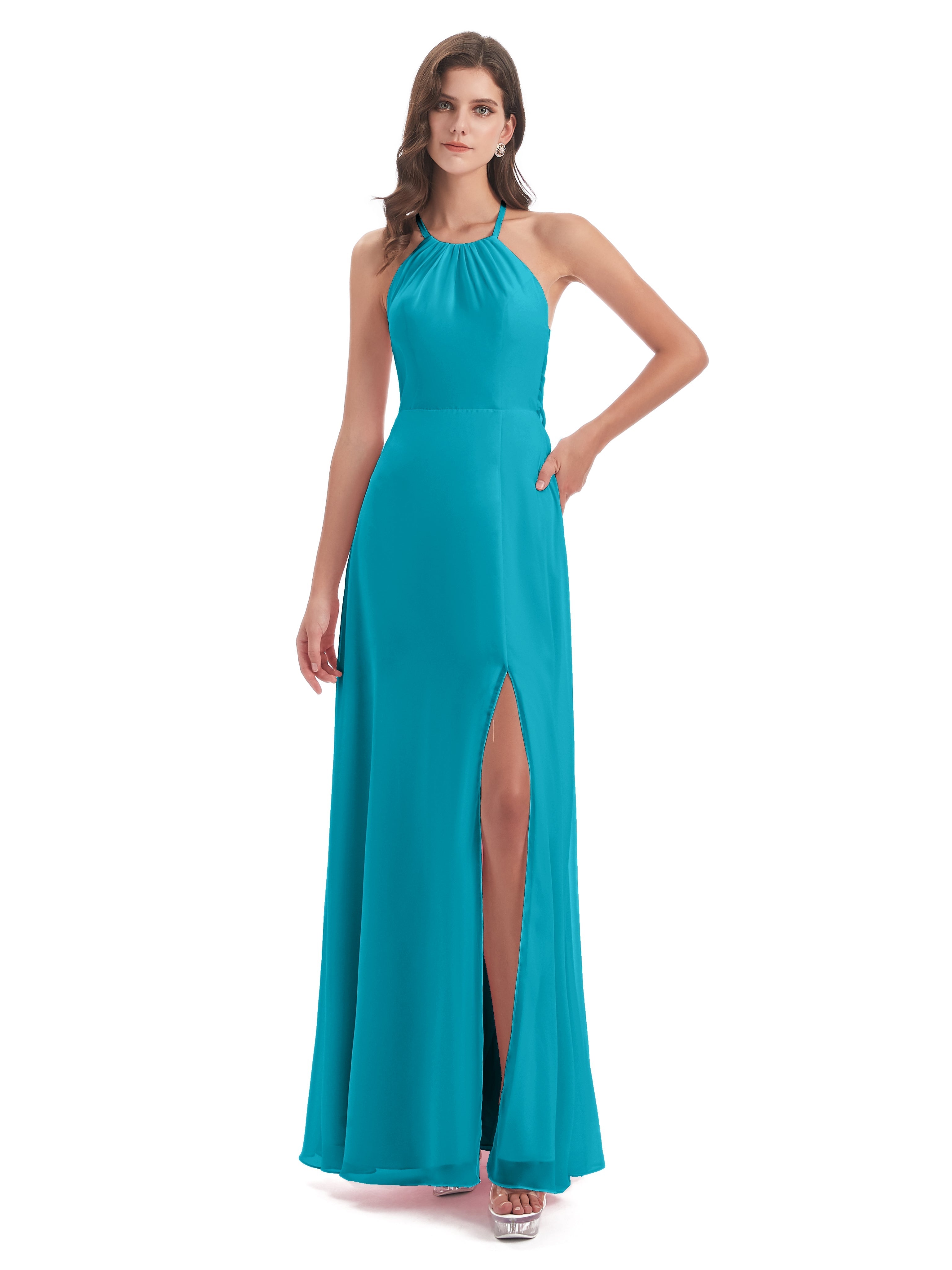 Robes De Demoiselle D'Honneur Vert Jade Dos Nu Licou Fendue Robes Demoiselle D'Honneur