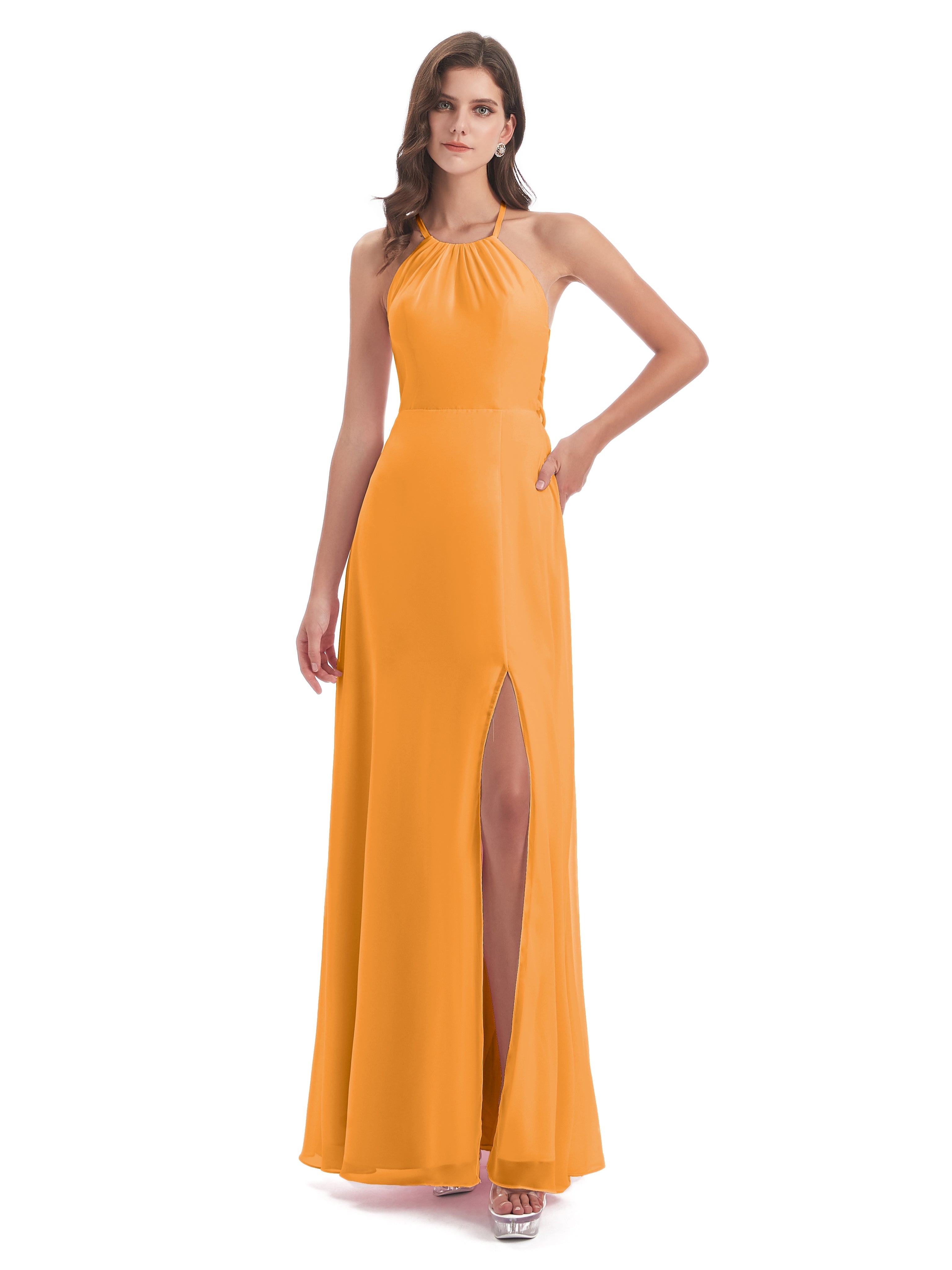 Robes De Demoiselle D'Honneur Mandarine Dos Nu Licou Fendue Robes Demoiselle D'Honneur