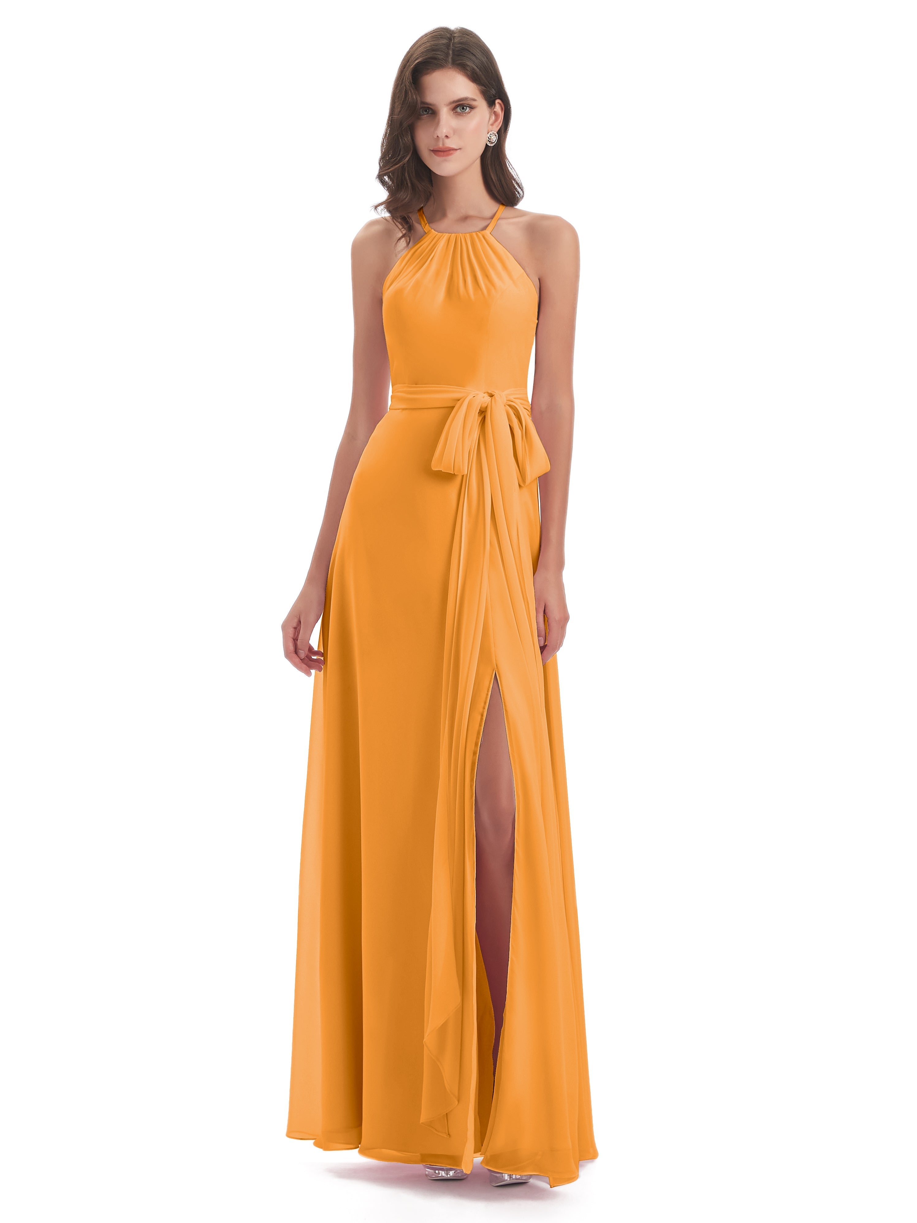 Robes De Demoiselle D'Honneur Mandarine Dos Nu Licou Fendue Robes Demoiselle D'Honneur