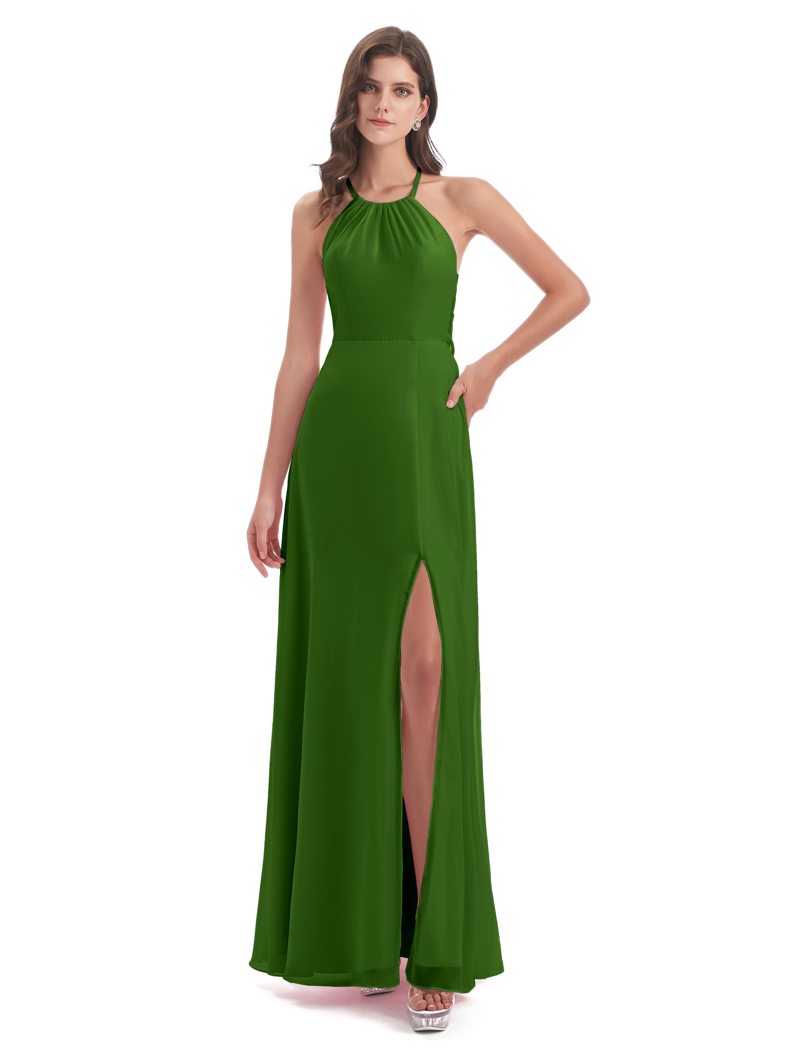 Robes De Demoiselle D'Honneur Vert Mousse Dos Nu Licou Fendue Robes Demoiselle D'Honneur