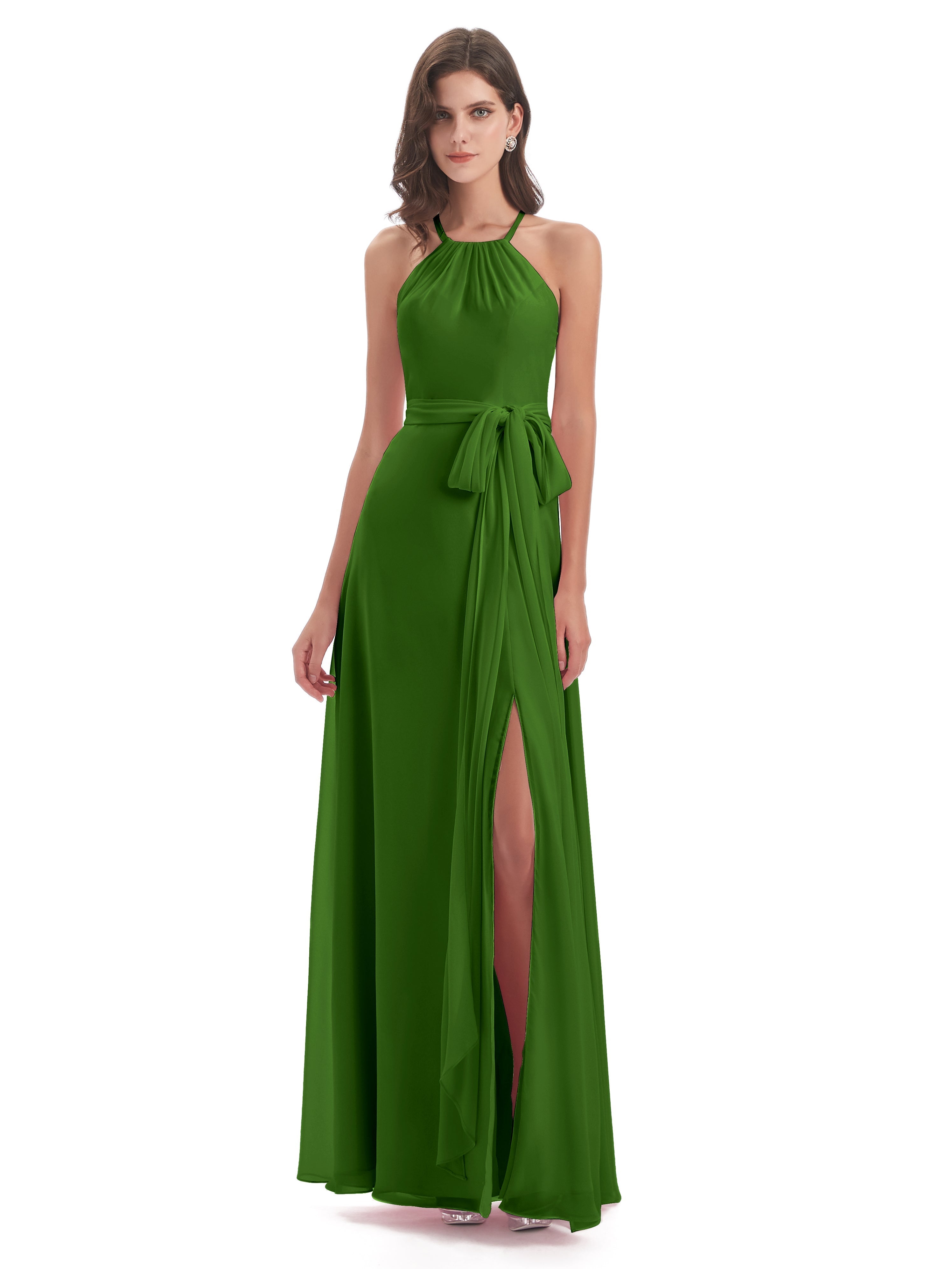 Robes De Demoiselle D'Honneur Vert Mousse Dos Nu Licou Fendue Robes Demoiselle D'Honneur