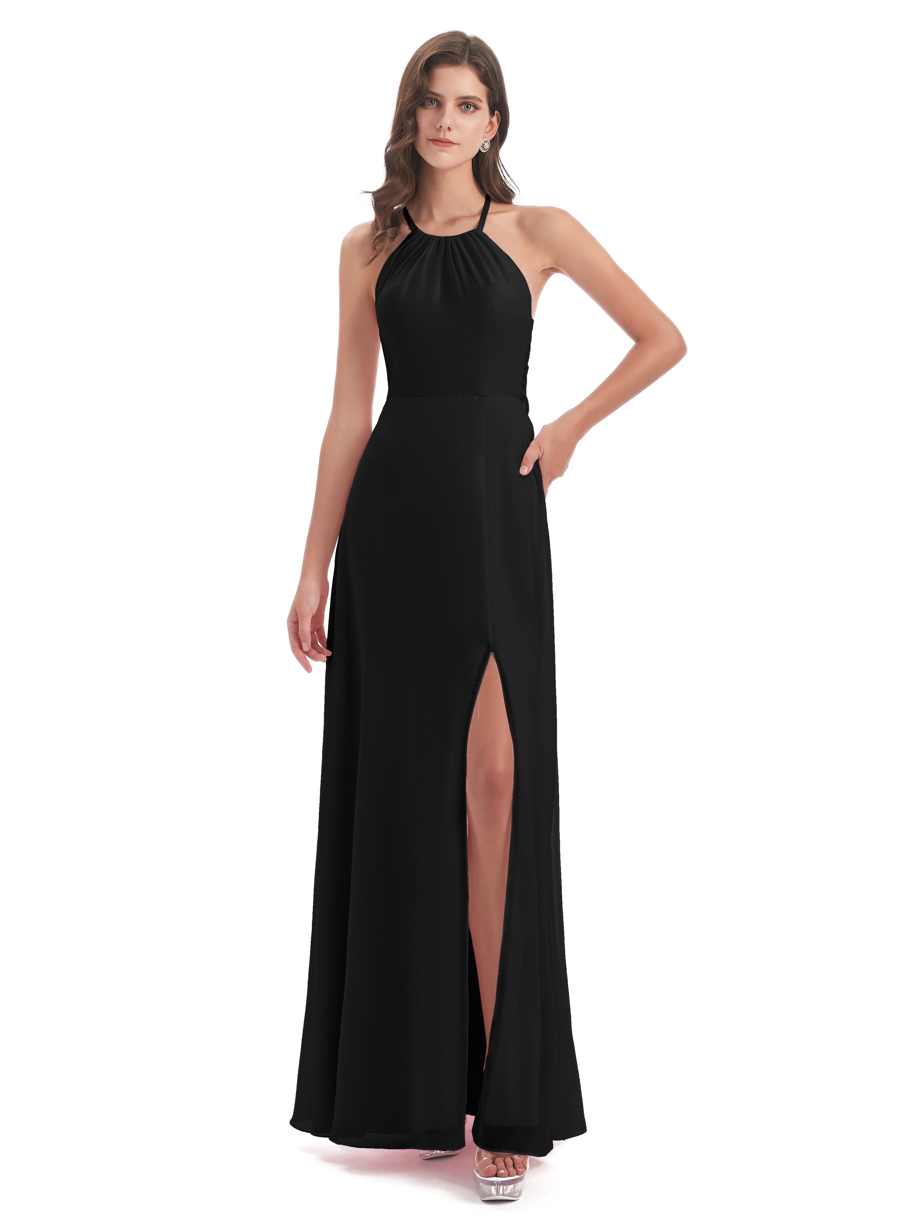 Robes De Demoiselle D'Honneur Noires Dos Nu Licou Fendue Robes Demoiselle D'Honneur