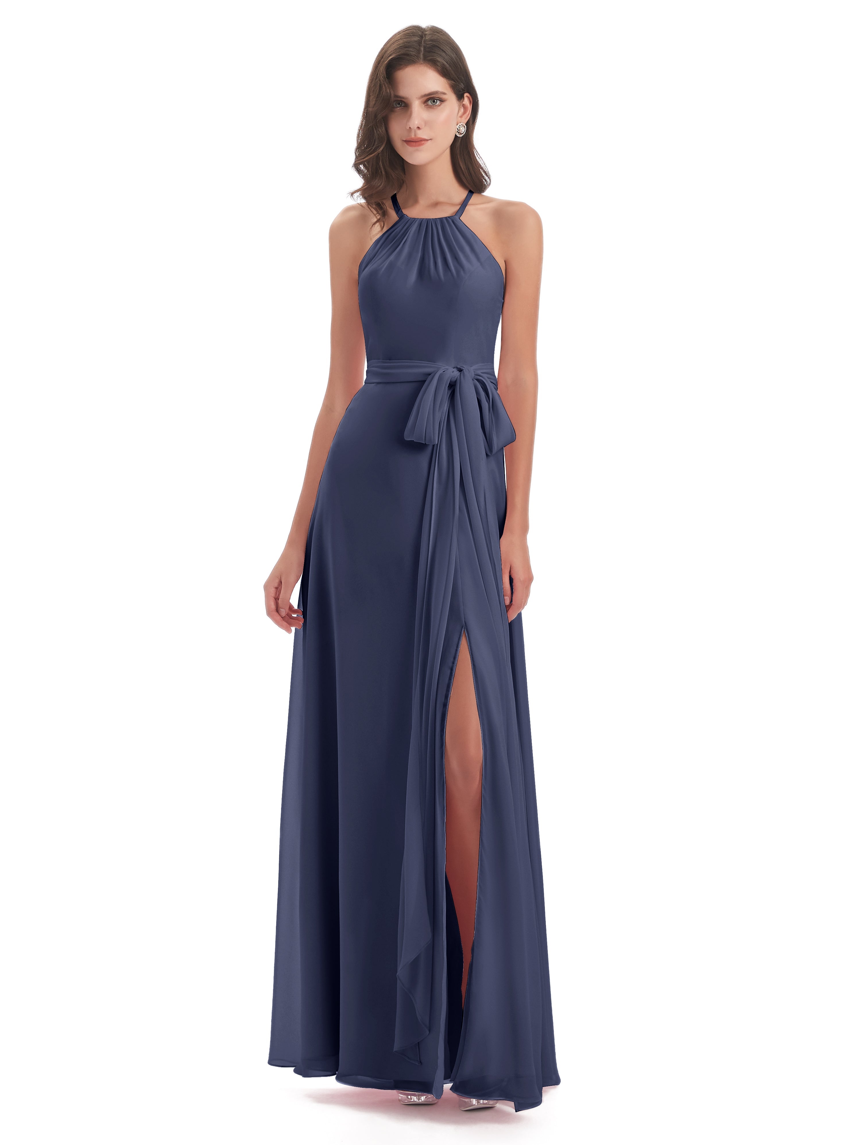 Robes De Demoiselle D'Honneur Bleu Orageux Dos Nu Licou Fendue Robes Demoiselle D'Honneur
