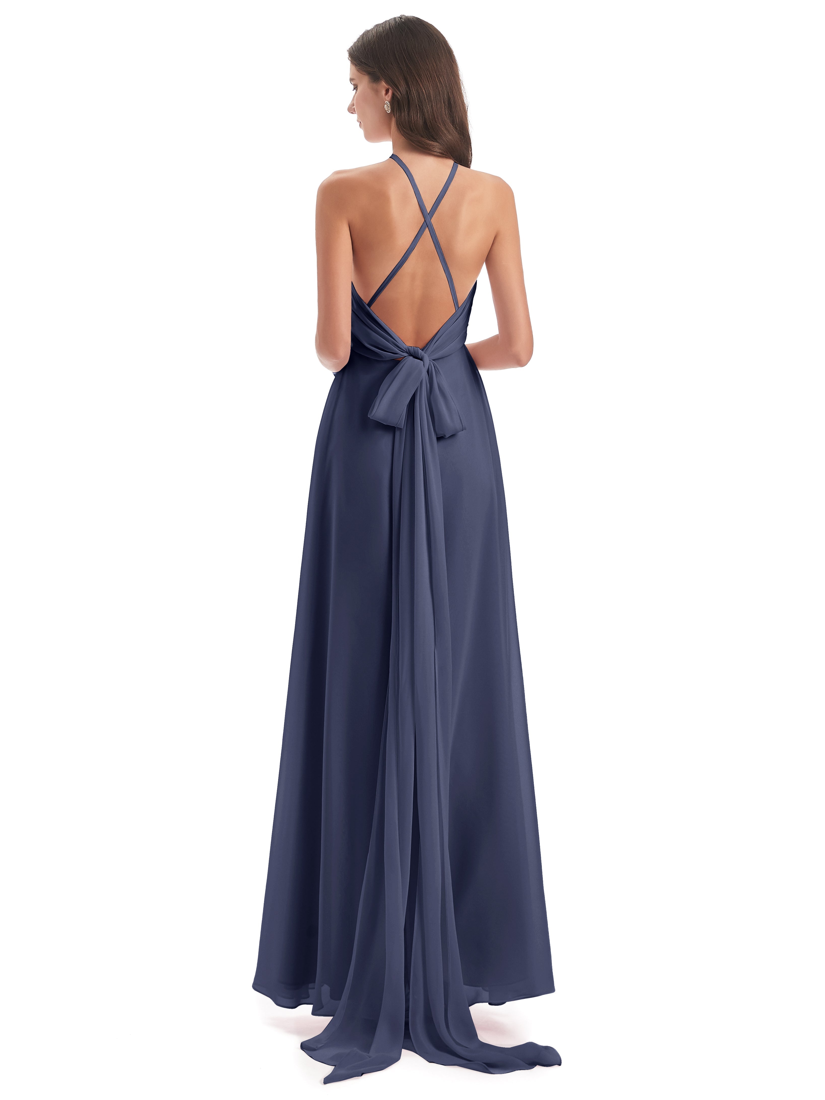 Robes De Demoiselle D'Honneur Bleu Orageux Dos Nu Licou Fendue Robes Demoiselle D'Honneur