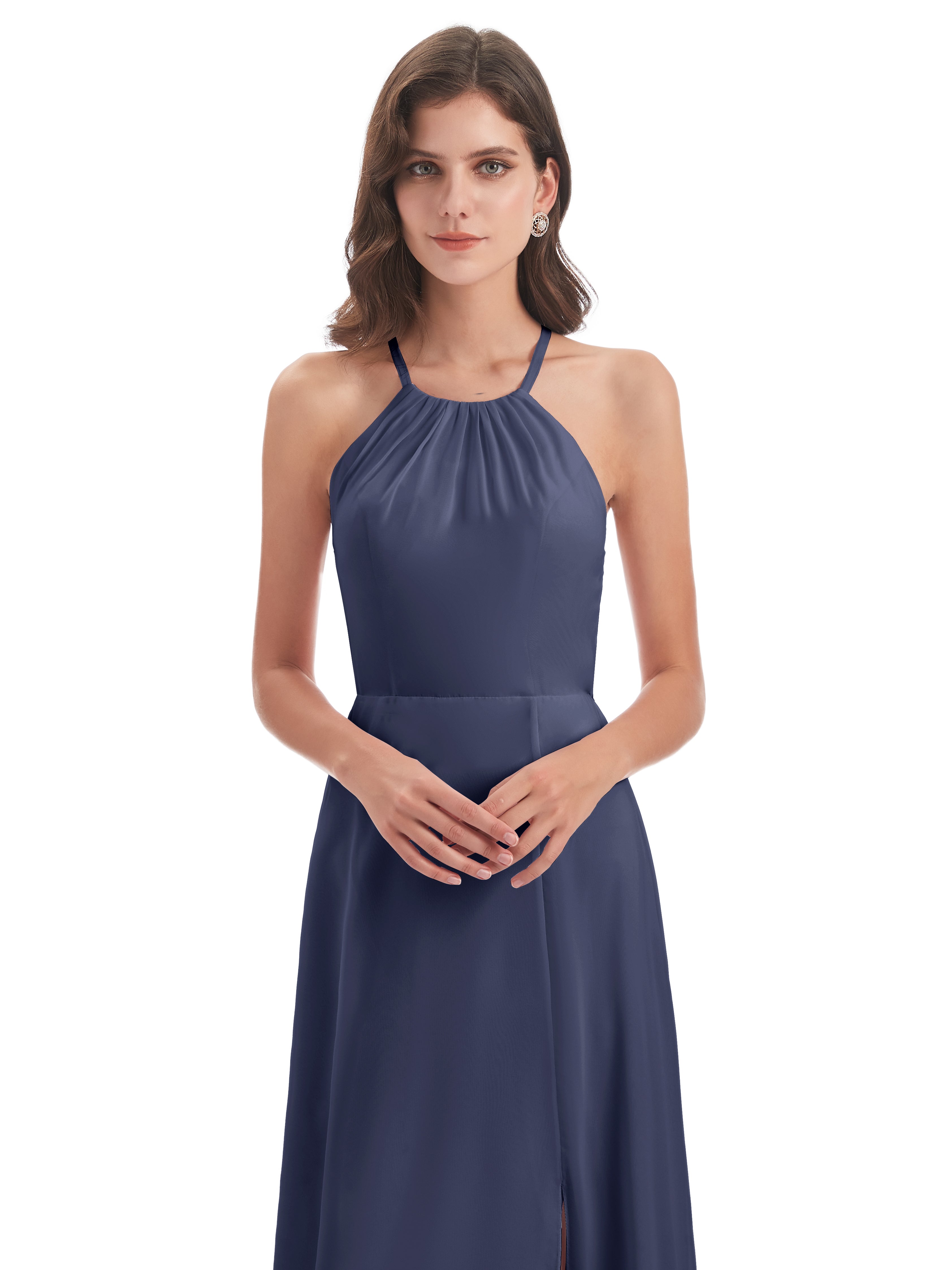 Robes De Demoiselle D'Honneur Bleu Orageux Dos Nu Licou Fendue Robes Demoiselle D'Honneur