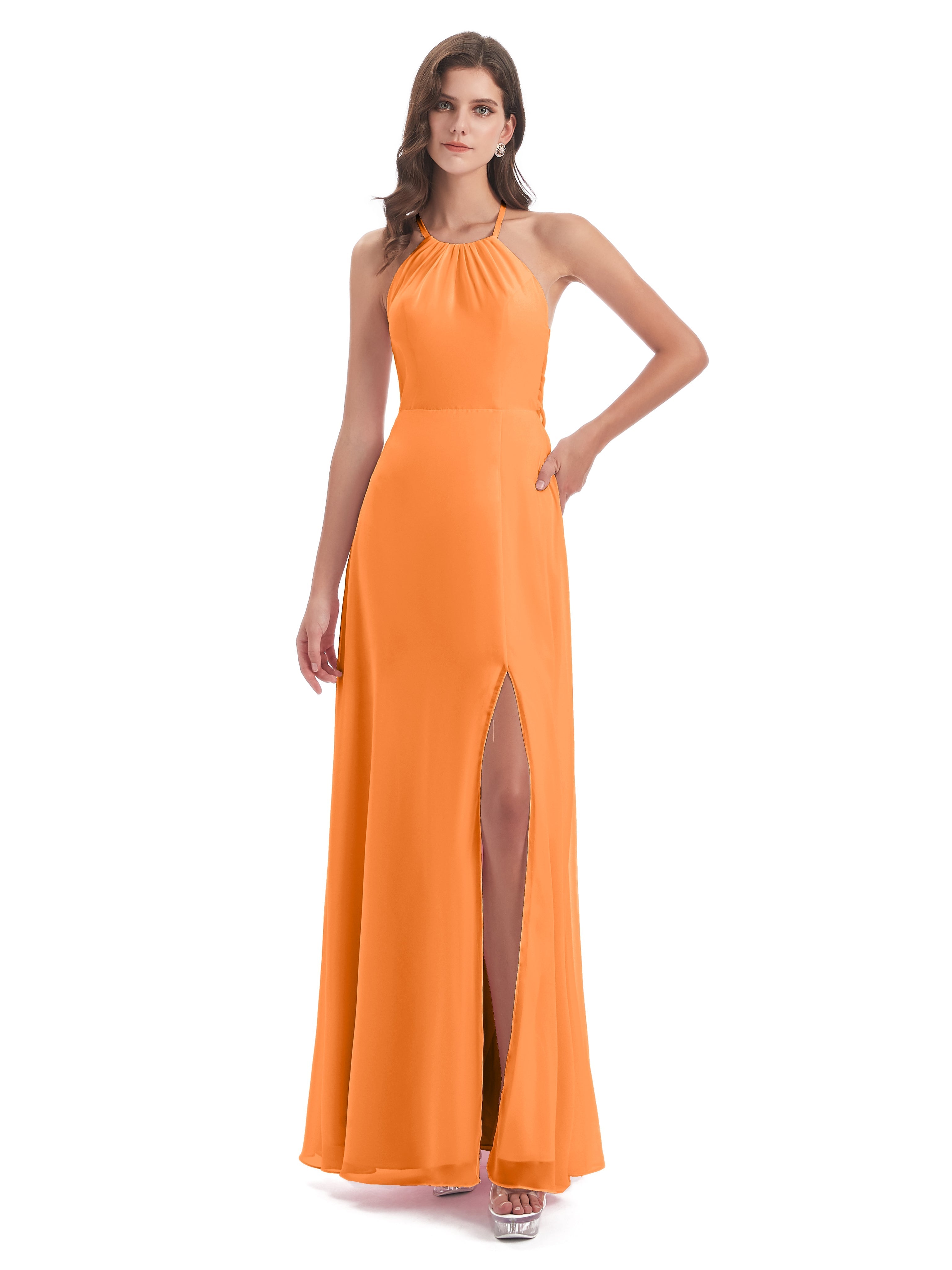 Robes De Demoiselle D'Honneur Orange Dos Nu Licou Fendue Robes Demoiselle D'Honneur
