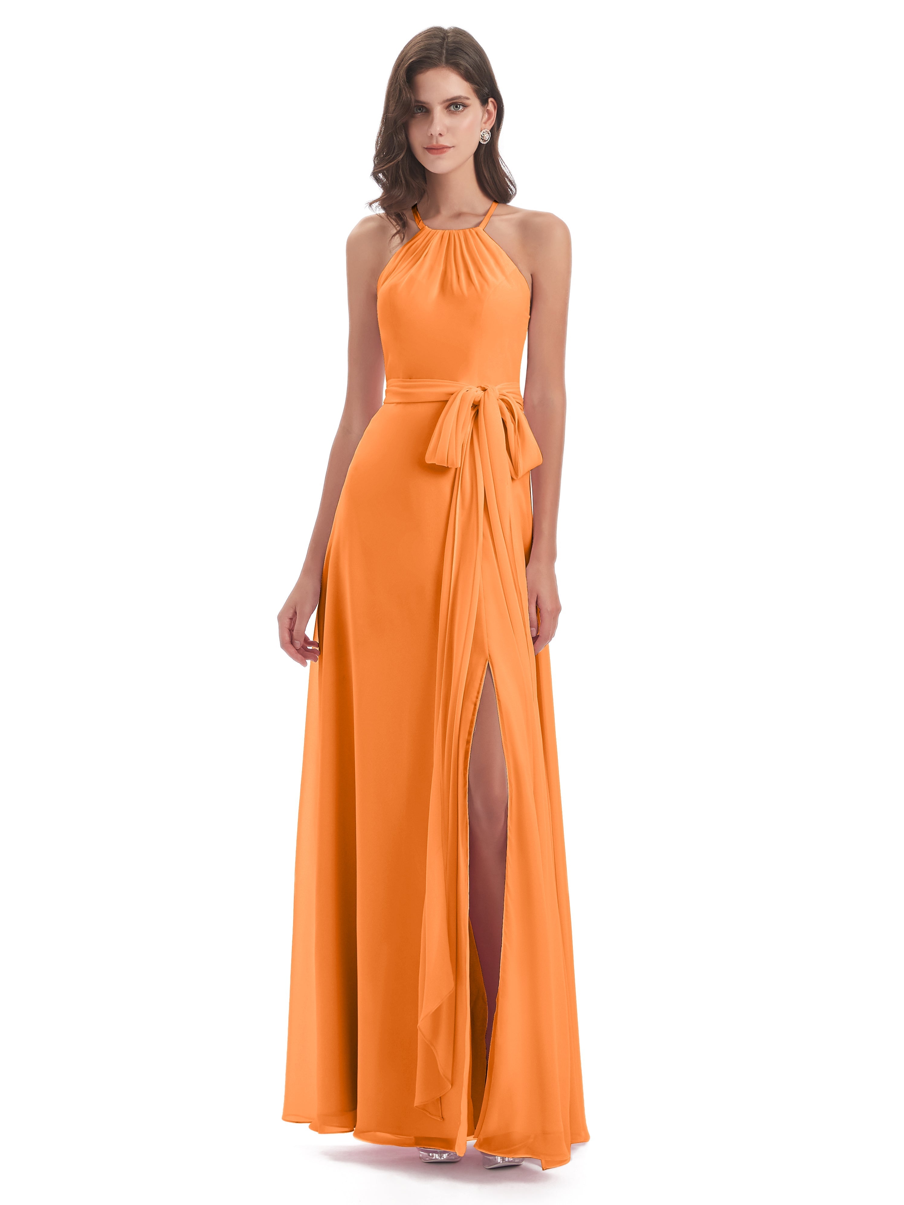 Robes De Demoiselle D'Honneur Orange Dos Nu Licou Fendue Robes Demoiselle D'Honneur