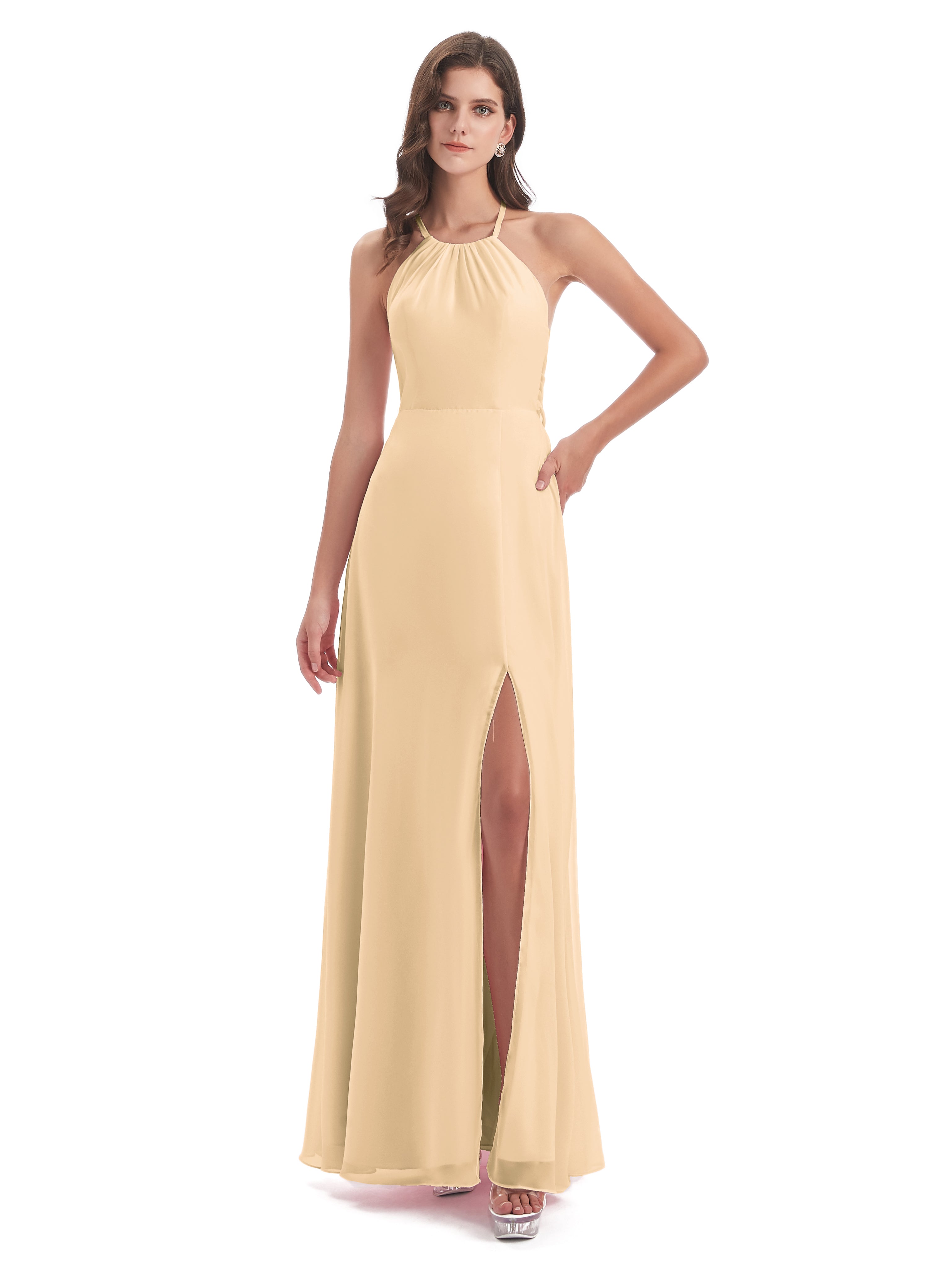 Robe De Demoiselle D Honneur Peche Dos Nu Licou Fendue Robes Demoiselle D'Honneur