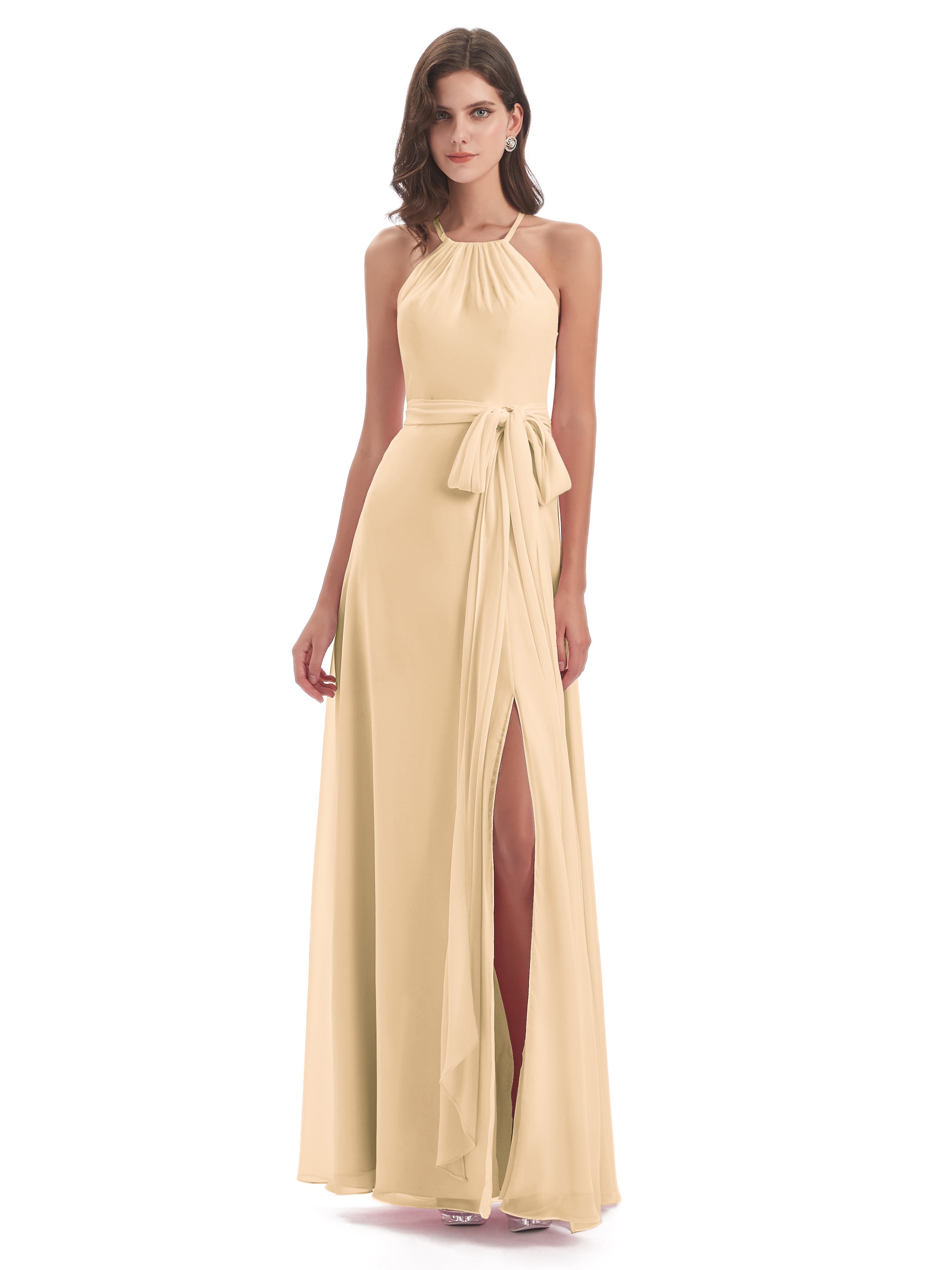 Robe De Demoiselle D Honneur Peche Dos Nu Licou Fendue Robes Demoiselle D'Honneur