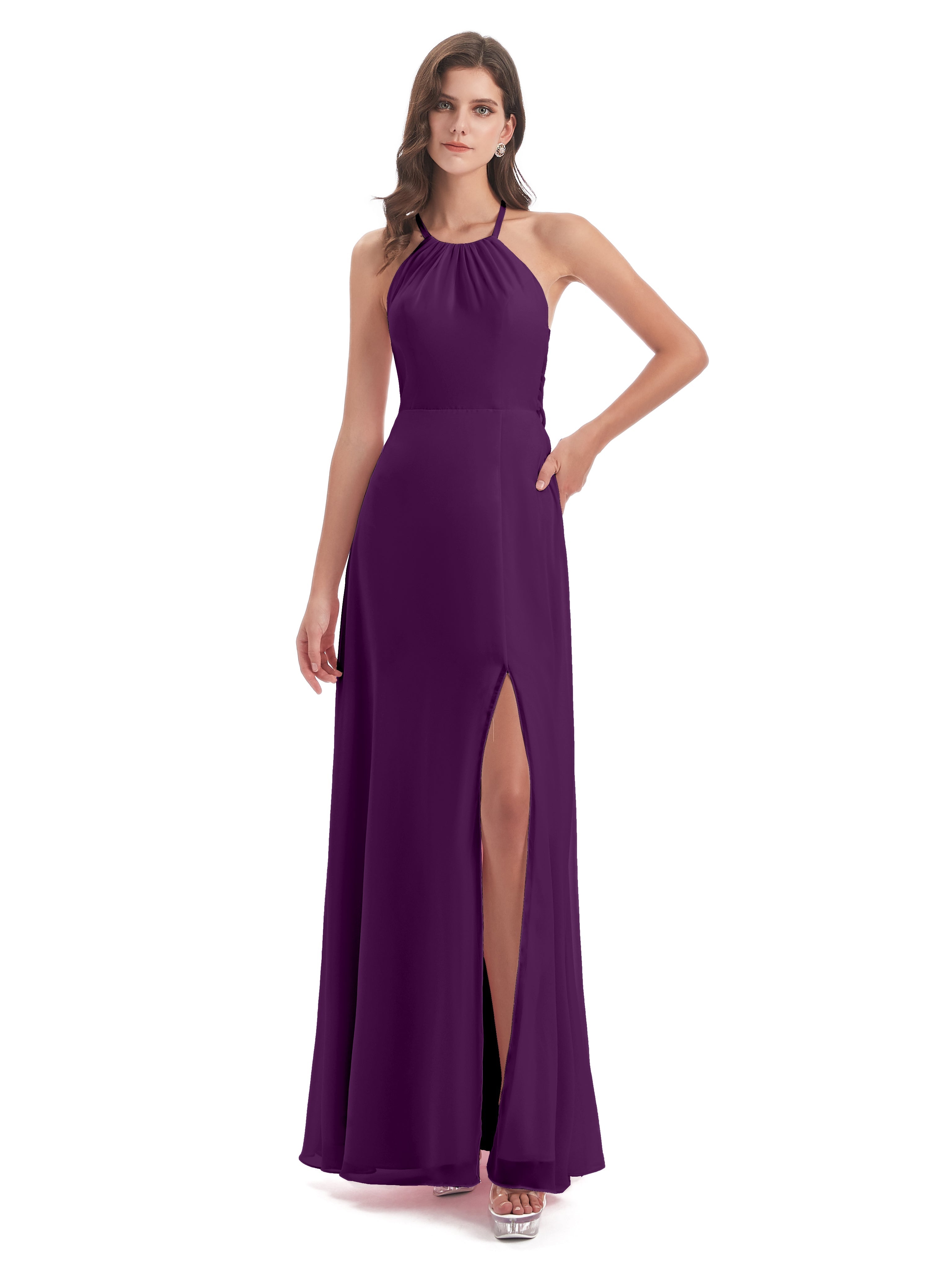 Robes De Demoiselle D'Honneur En Raisin Dos Nu Licou Fendue Robes Demoiselle D'Honneur