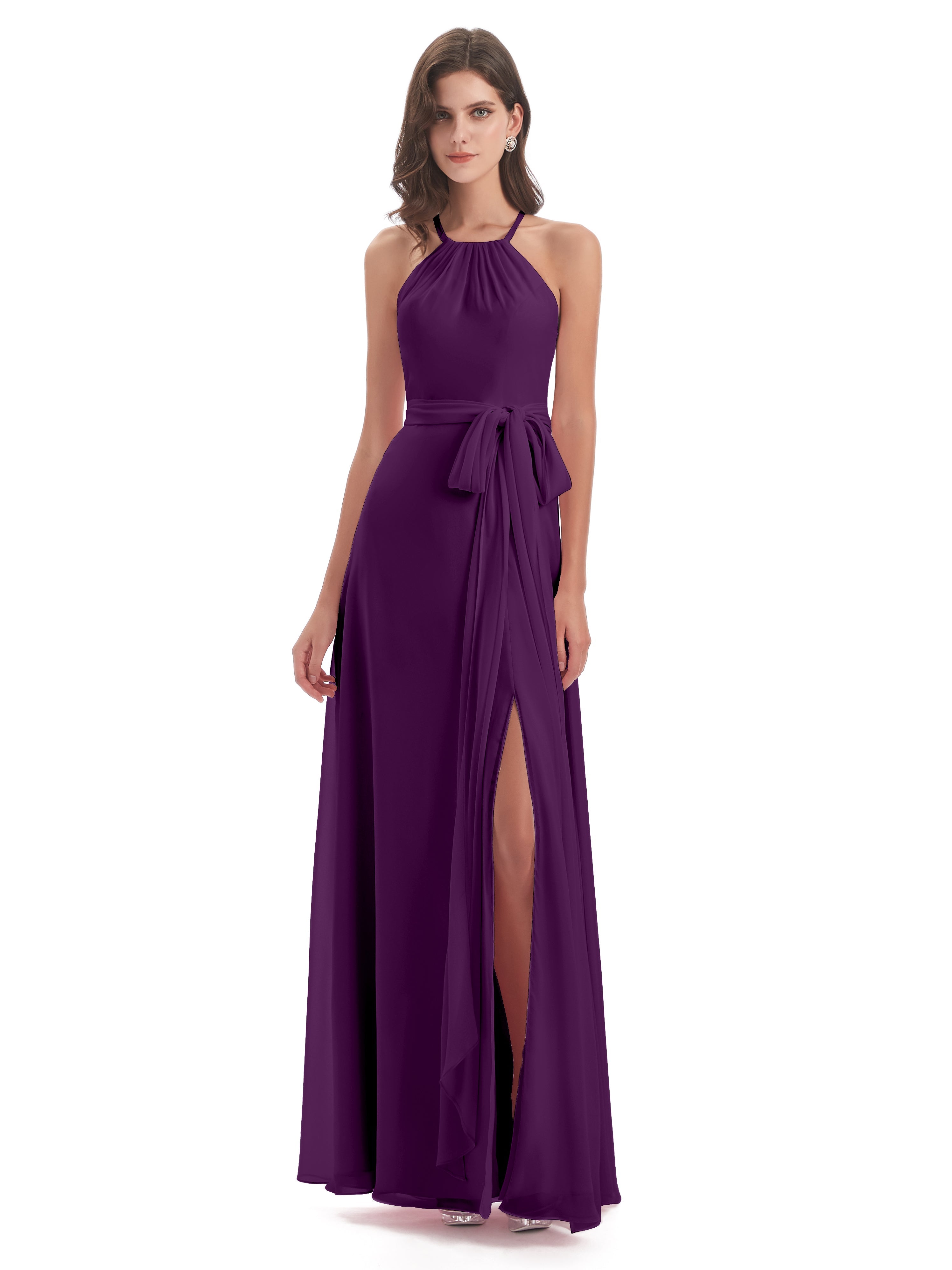 Robes De Demoiselle D'Honneur En Raisin Dos Nu Licou Fendue Robes Demoiselle D'Honneur
