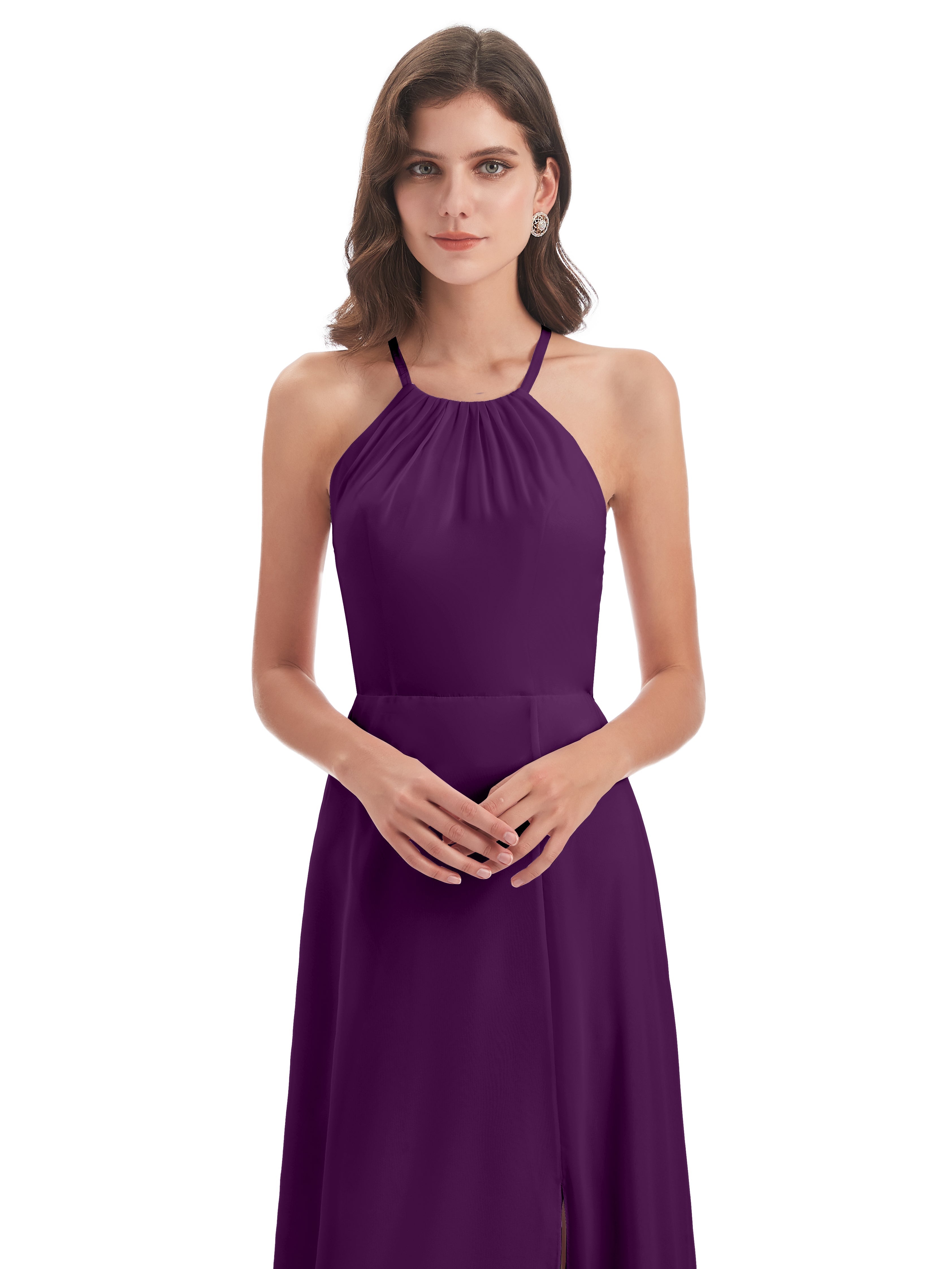 Robes De Demoiselle D'Honneur En Raisin Dos Nu Licou Fendue Robes Demoiselle D'Honneur