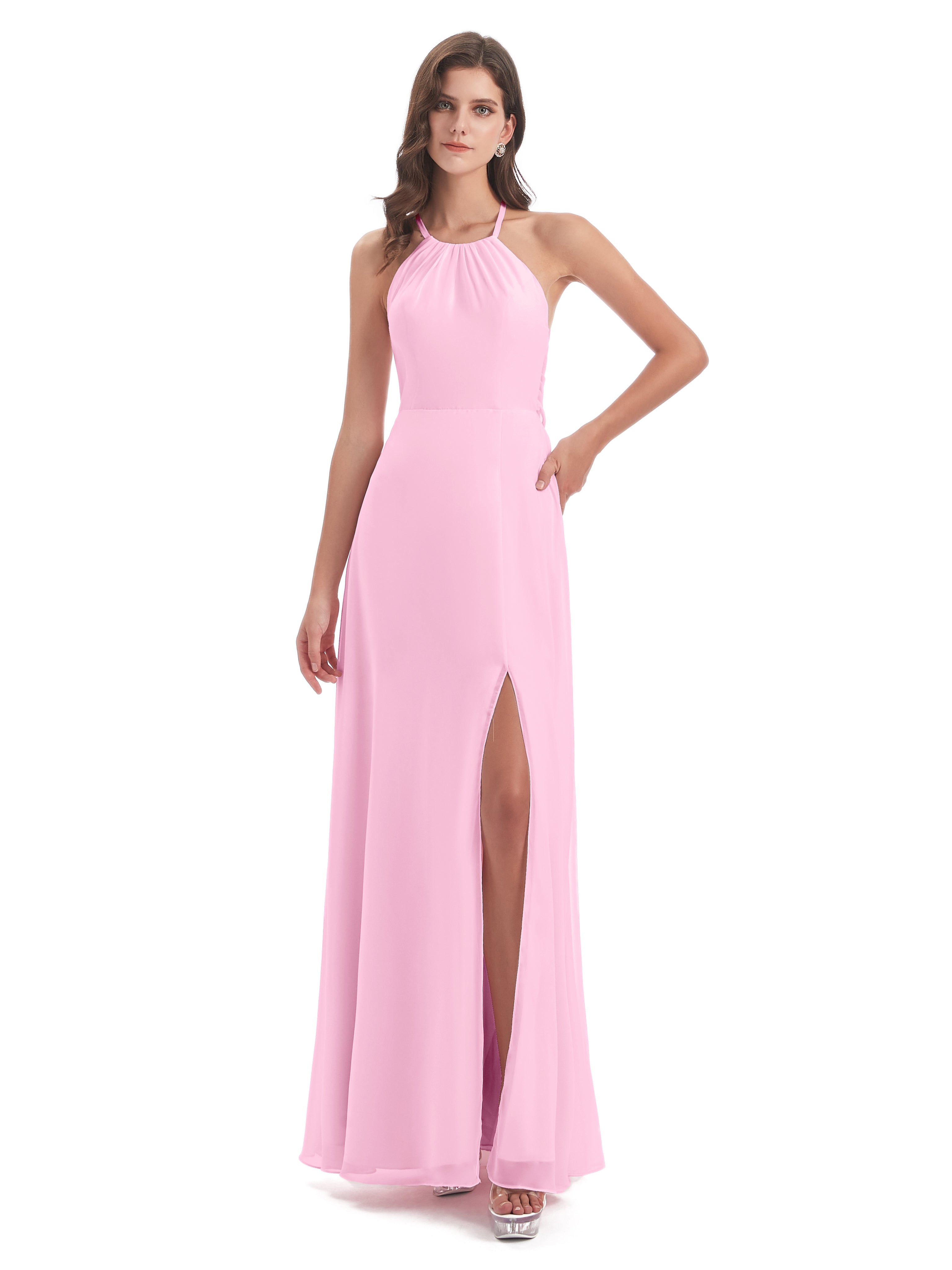Robe Demoiselle D Honneur Rose Bonbon Dos Nu Licou Fendue Robes Demoiselle D'Honneur