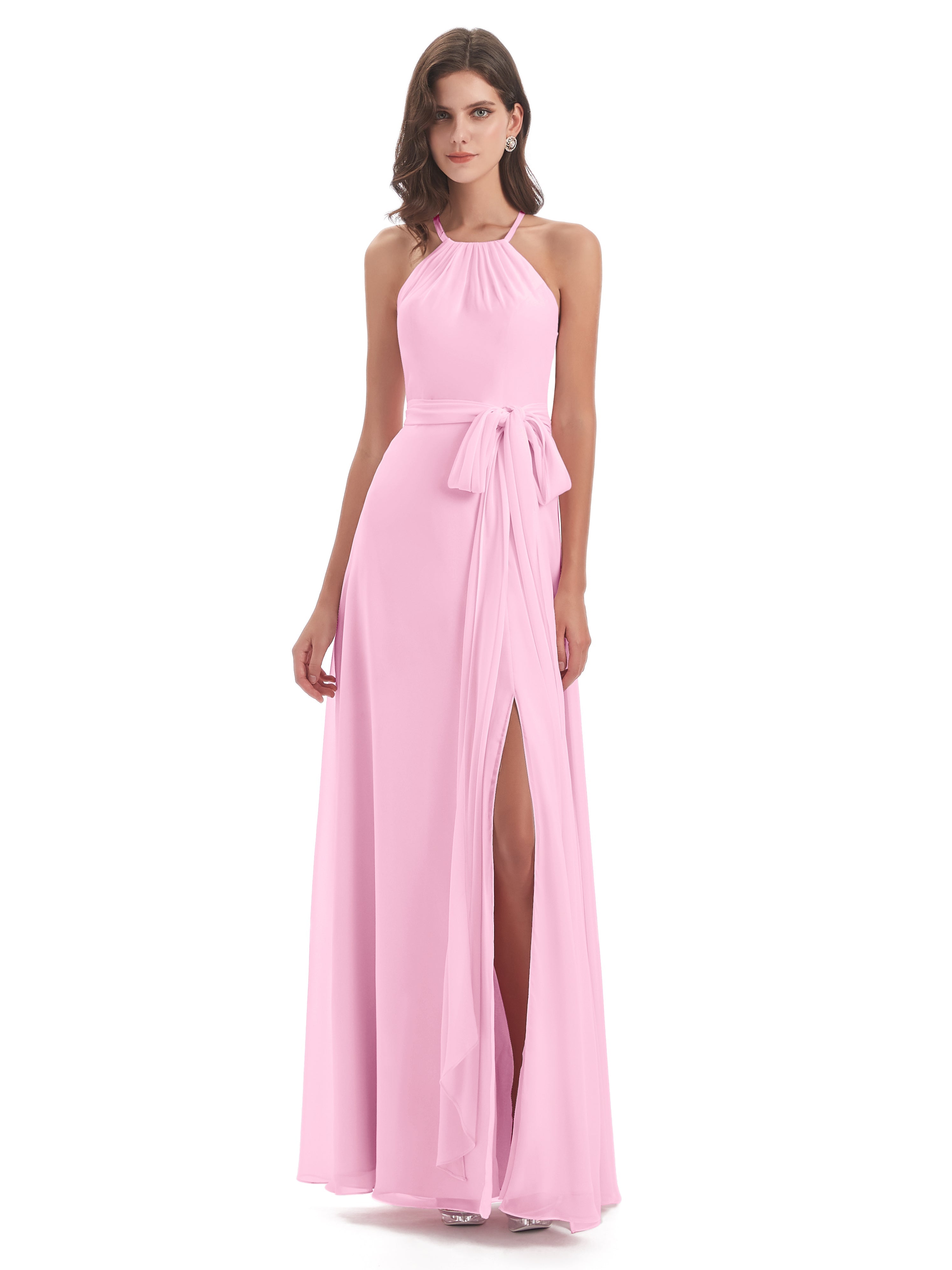 Robe Demoiselle D Honneur Rose Bonbon Dos Nu Licou Fendue Robes Demoiselle D'Honneur