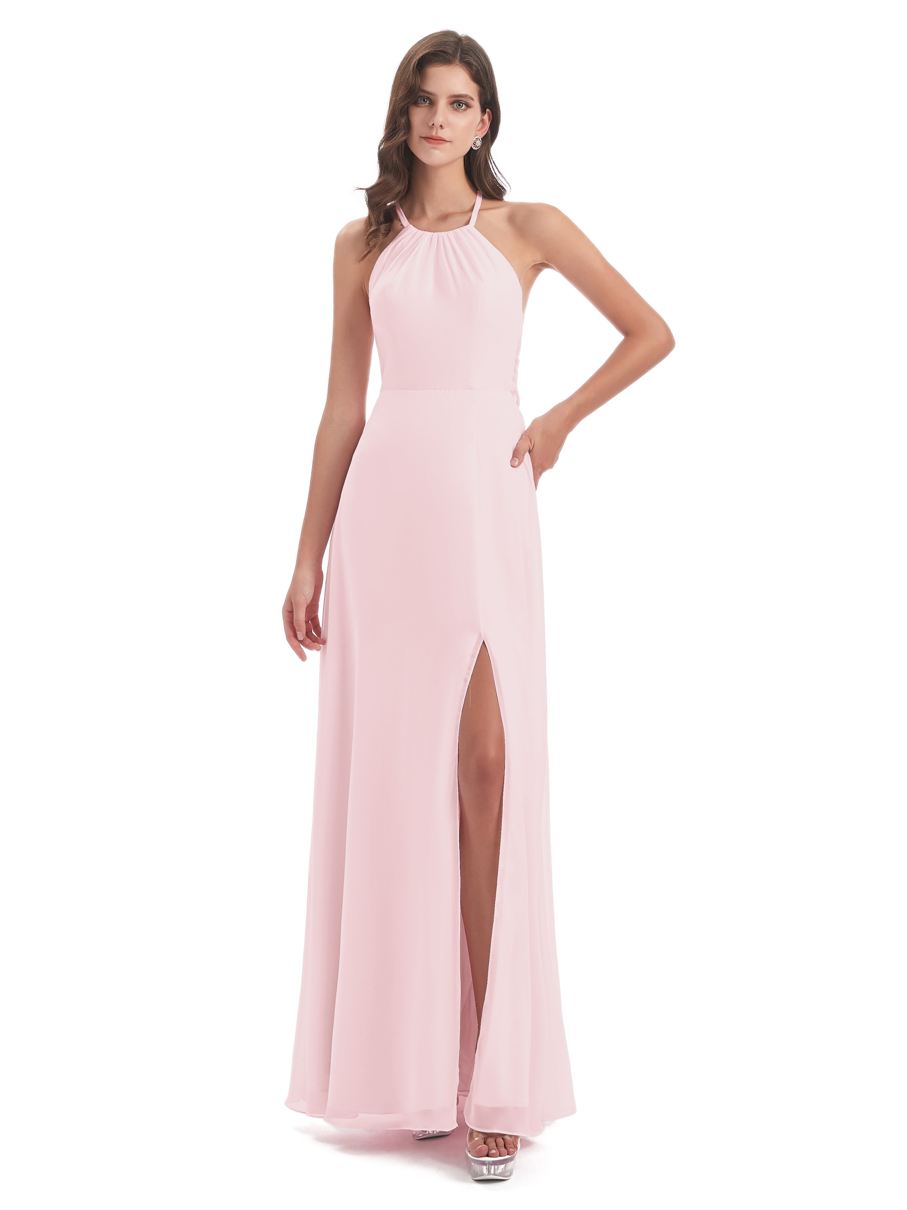 Robe Demoiselle Dhonneur Rose Pale Dos Nu Licou Fendue Robes Demoiselle D'Honneur