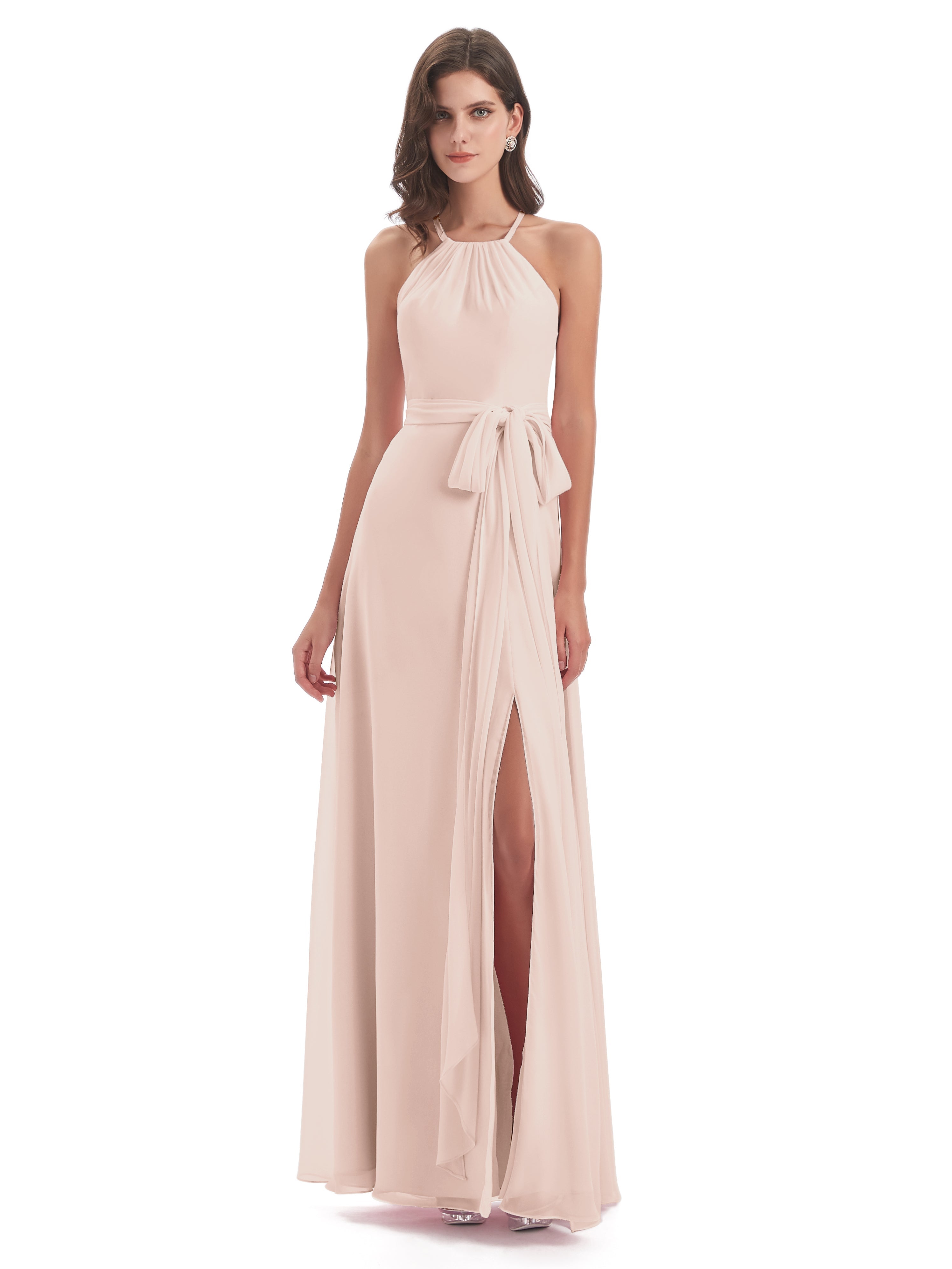 Robe Demoiselle D Honneur Rose Perle Dos Nu Licou Fendue Robes Demoiselle D'Honneur