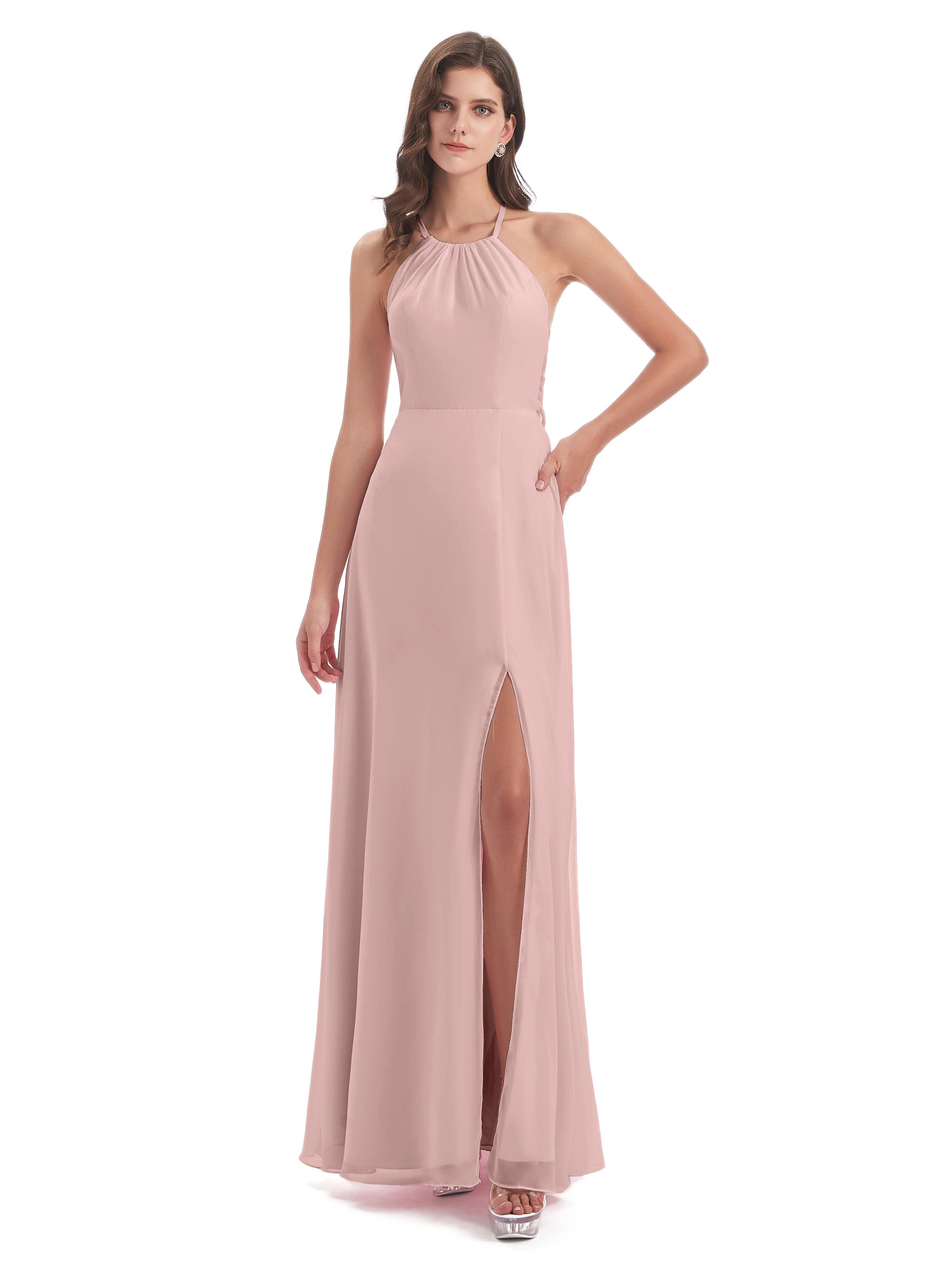 Poudree Robe Demoiselle D Honneur Rose Dos Nu Licou Fendue Robes Demoiselle D'Honneur