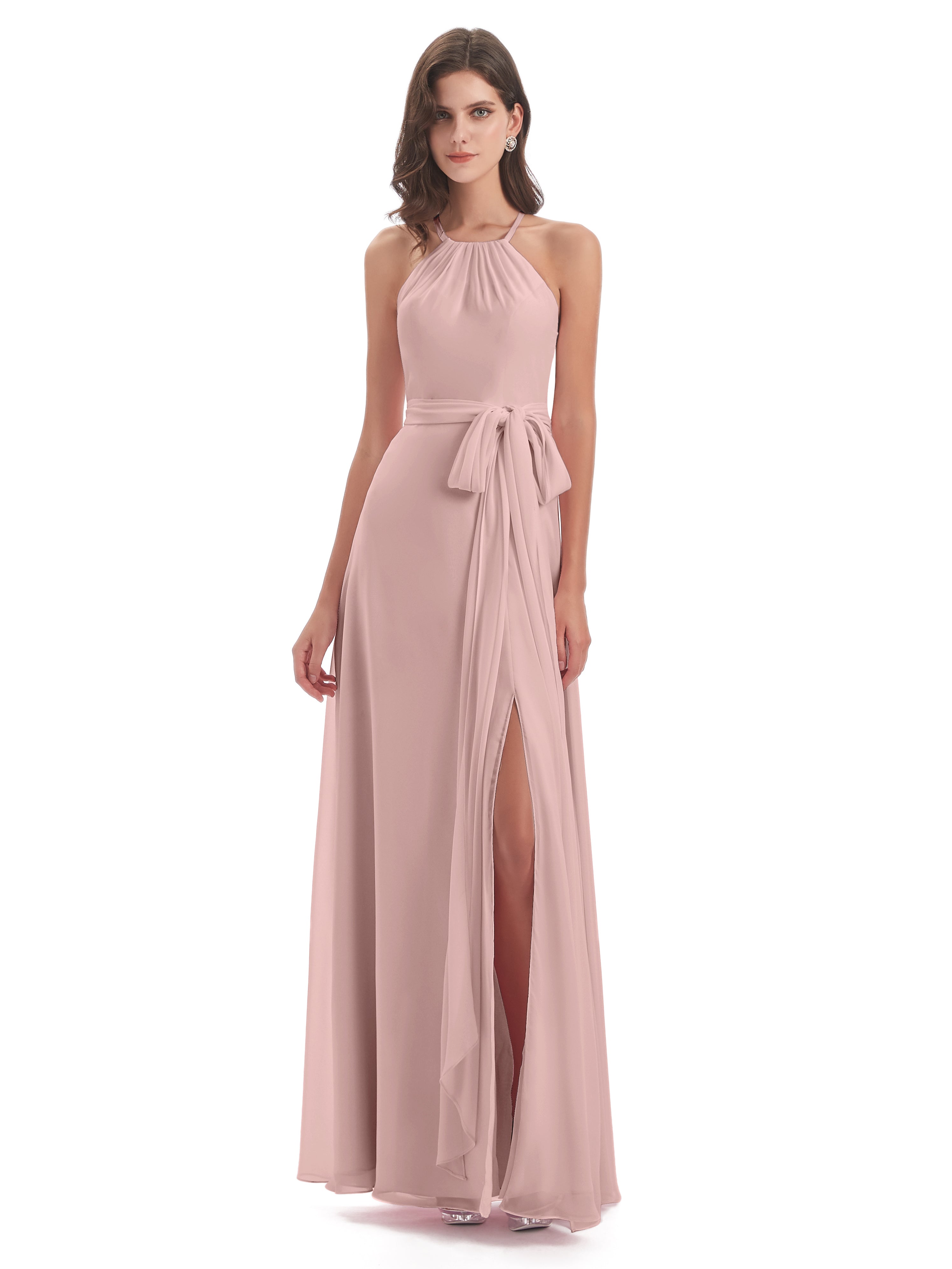 Poudree Robe Demoiselle D Honneur Rose Dos Nu Licou Fendue Robes Demoiselle D'Honneur