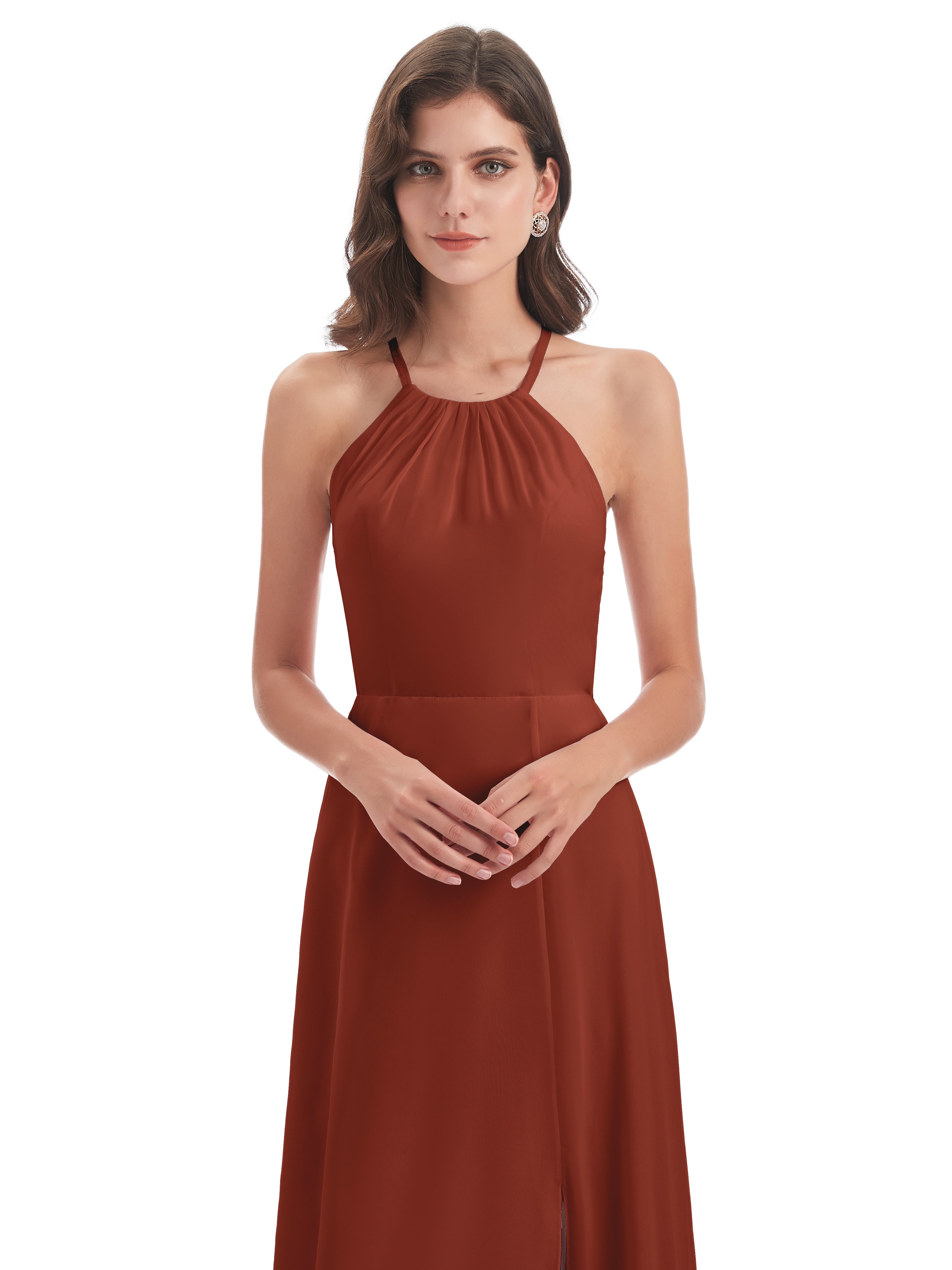 Robes De Demoiselle D'Honneur En Mousseline De Rouille Dos Nu Licou Fendue Robes Demoiselle D'Honneur