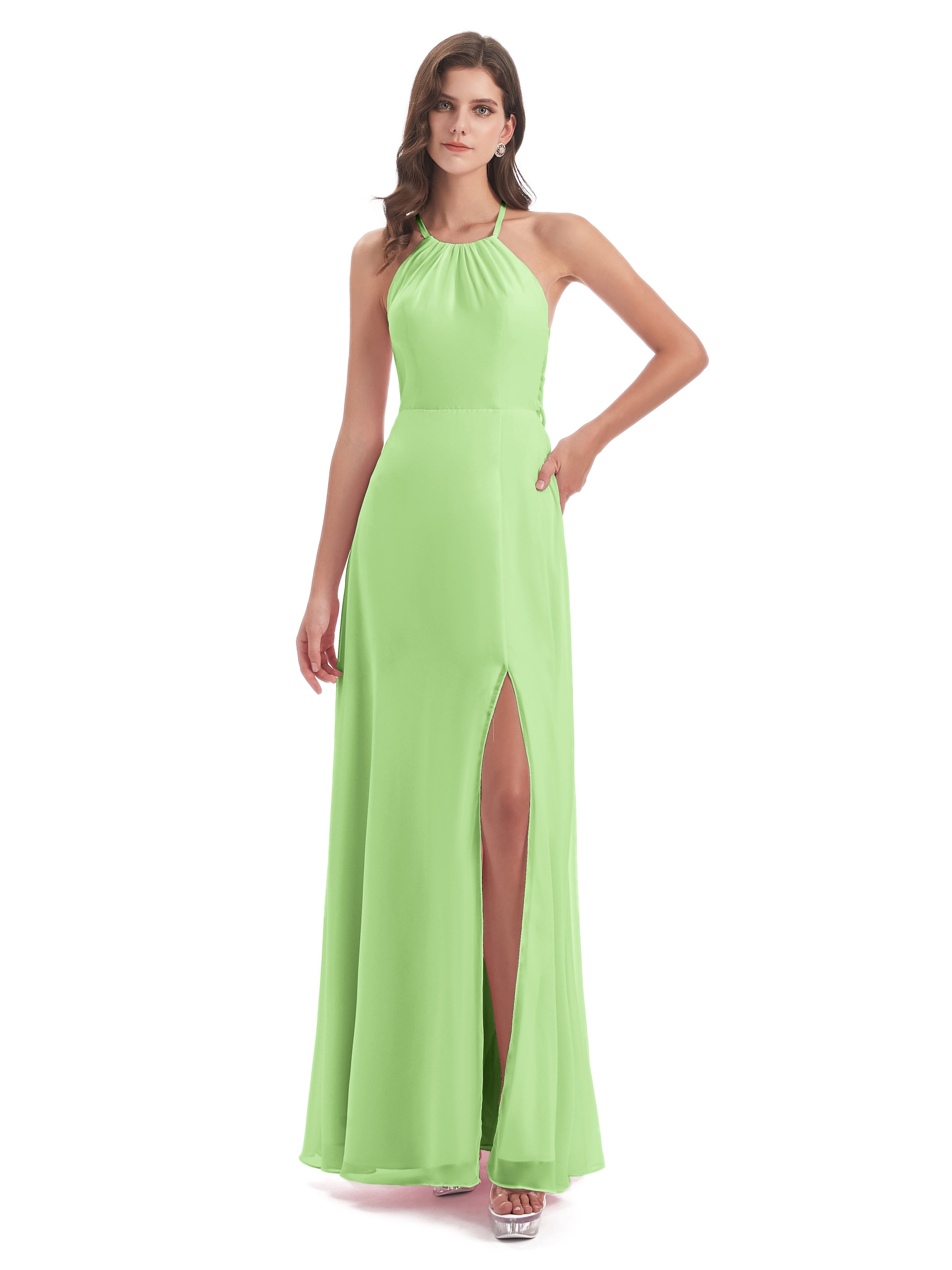 Robe Demoiselle D Honneur Vert Sauge Dos Nu Licou Fendue Robes Demoiselle D'Honneur