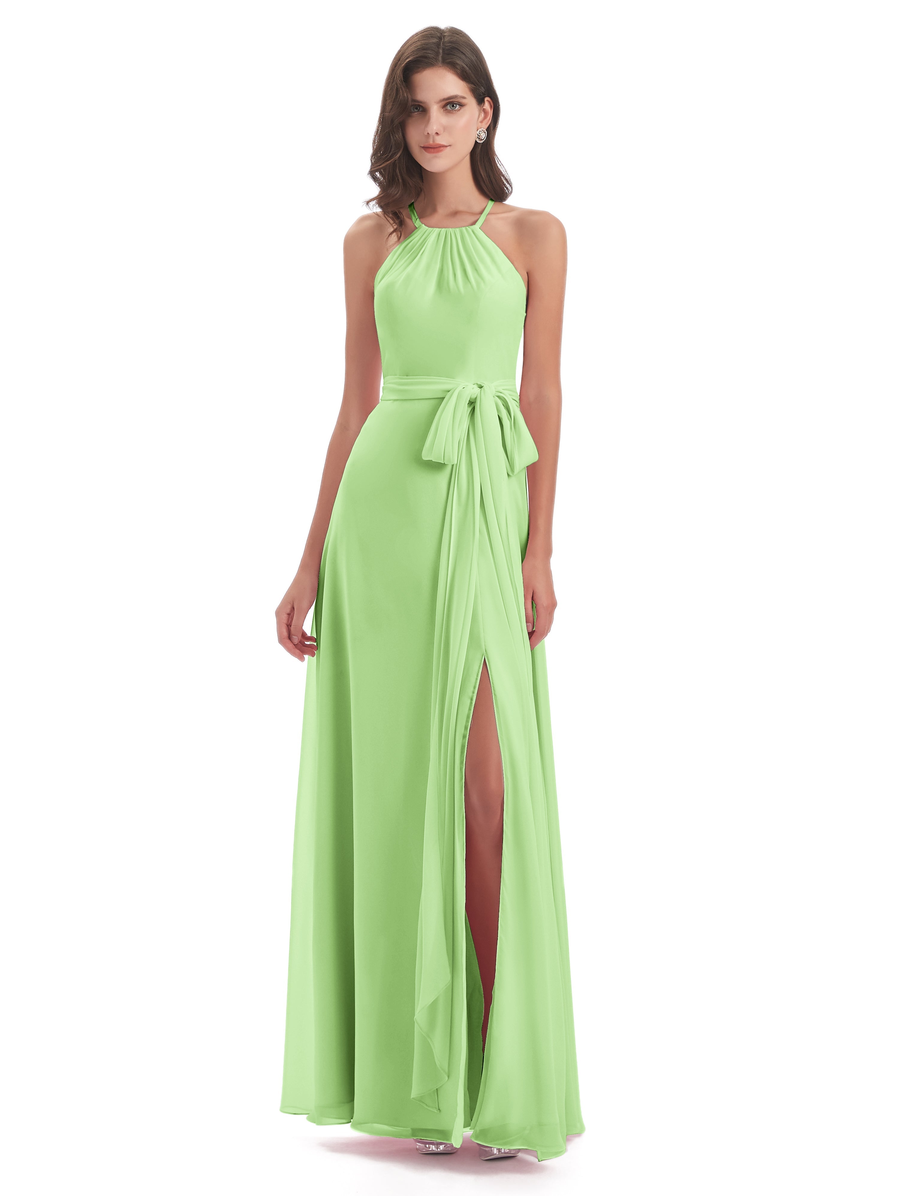 Robe Demoiselle D Honneur Vert Sauge Dos Nu Licou Fendue Robes Demoiselle D'Honneur