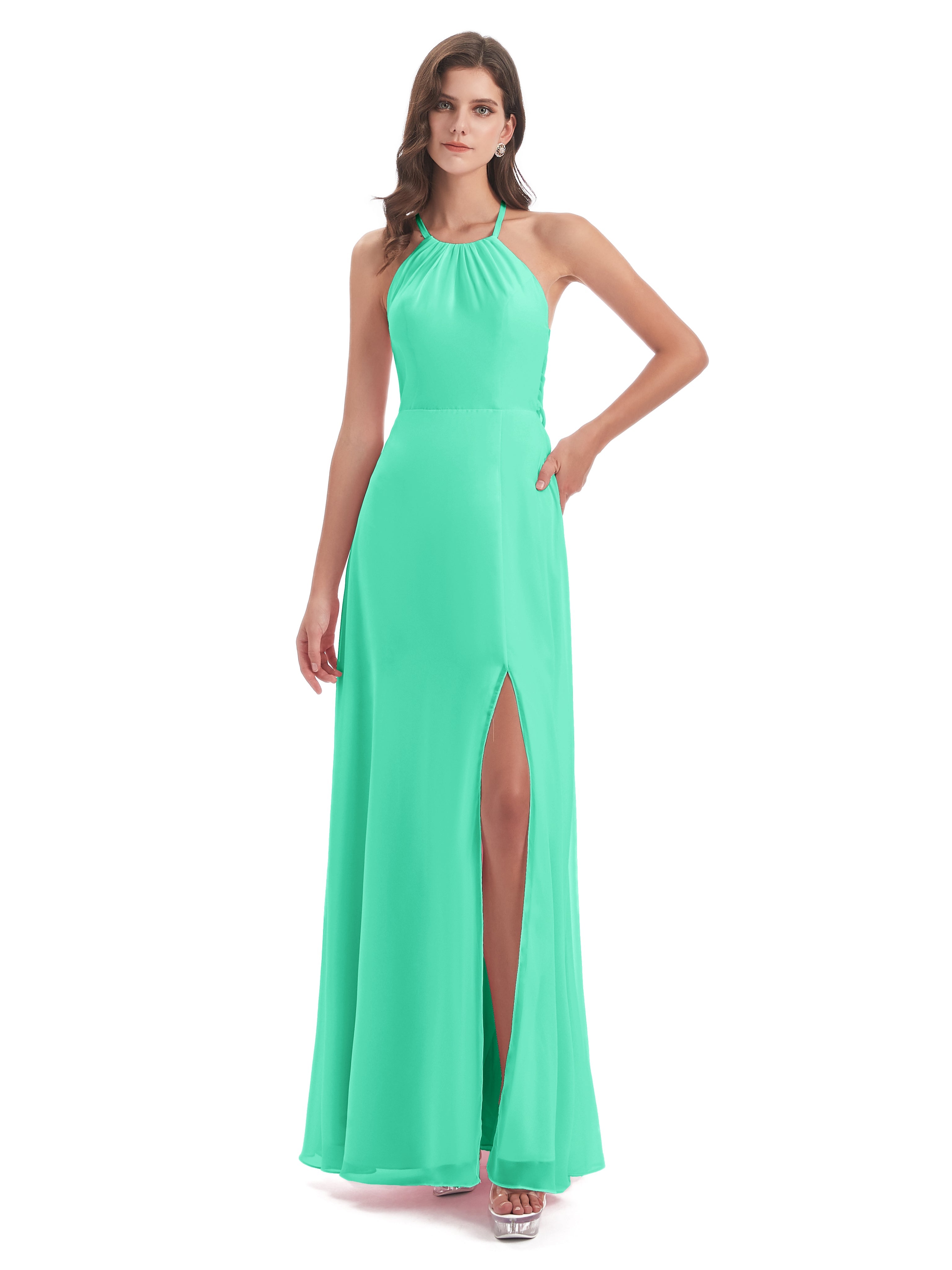 Robe De Demoiselle D Honneur Bleu Turquoise Dos Nu Licou Fendue Robes Demoiselle D'Honneur