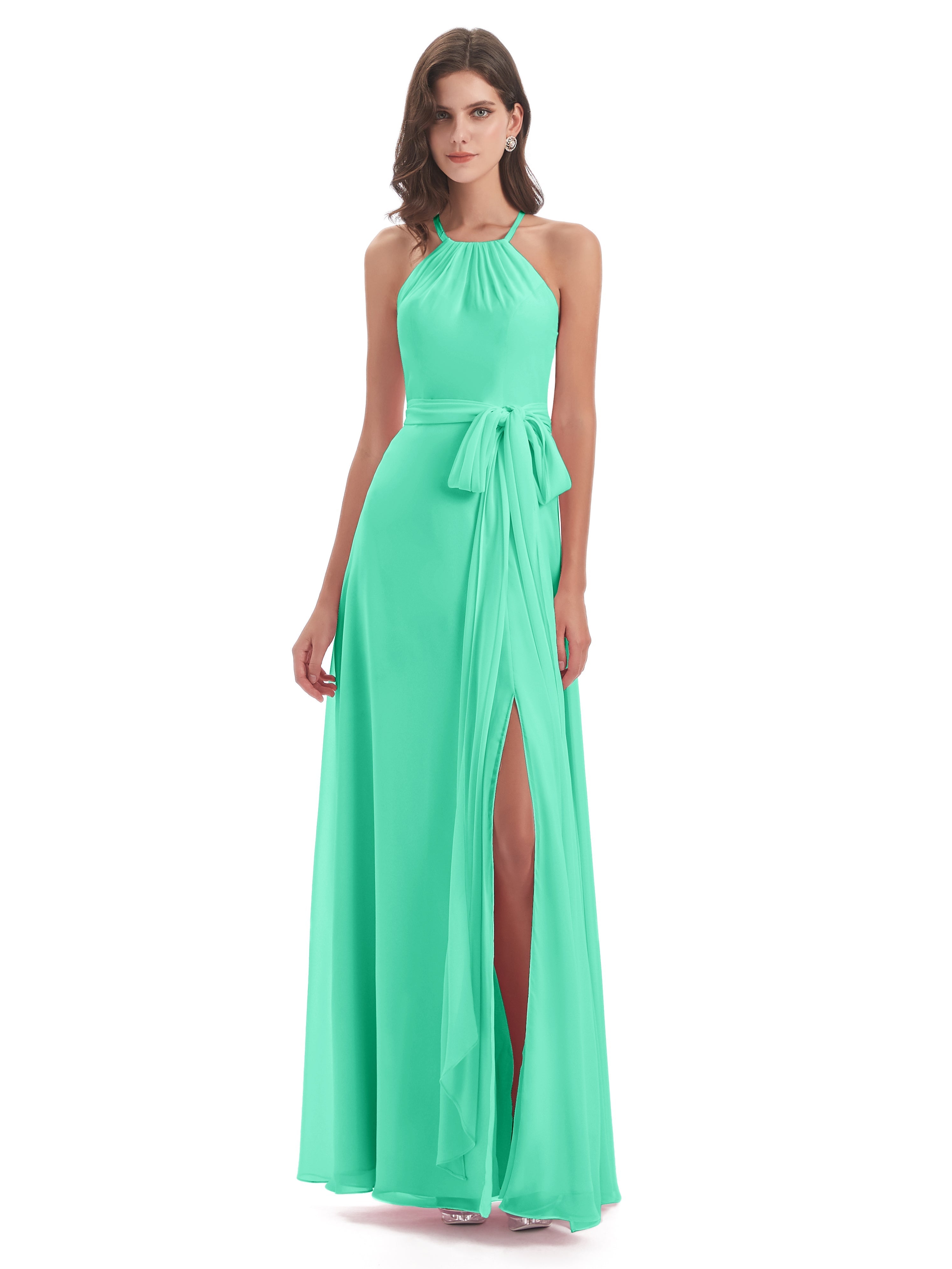 Robe De Demoiselle D Honneur Bleu Turquoise Dos Nu Licou Fendue Robes Demoiselle D'Honneur