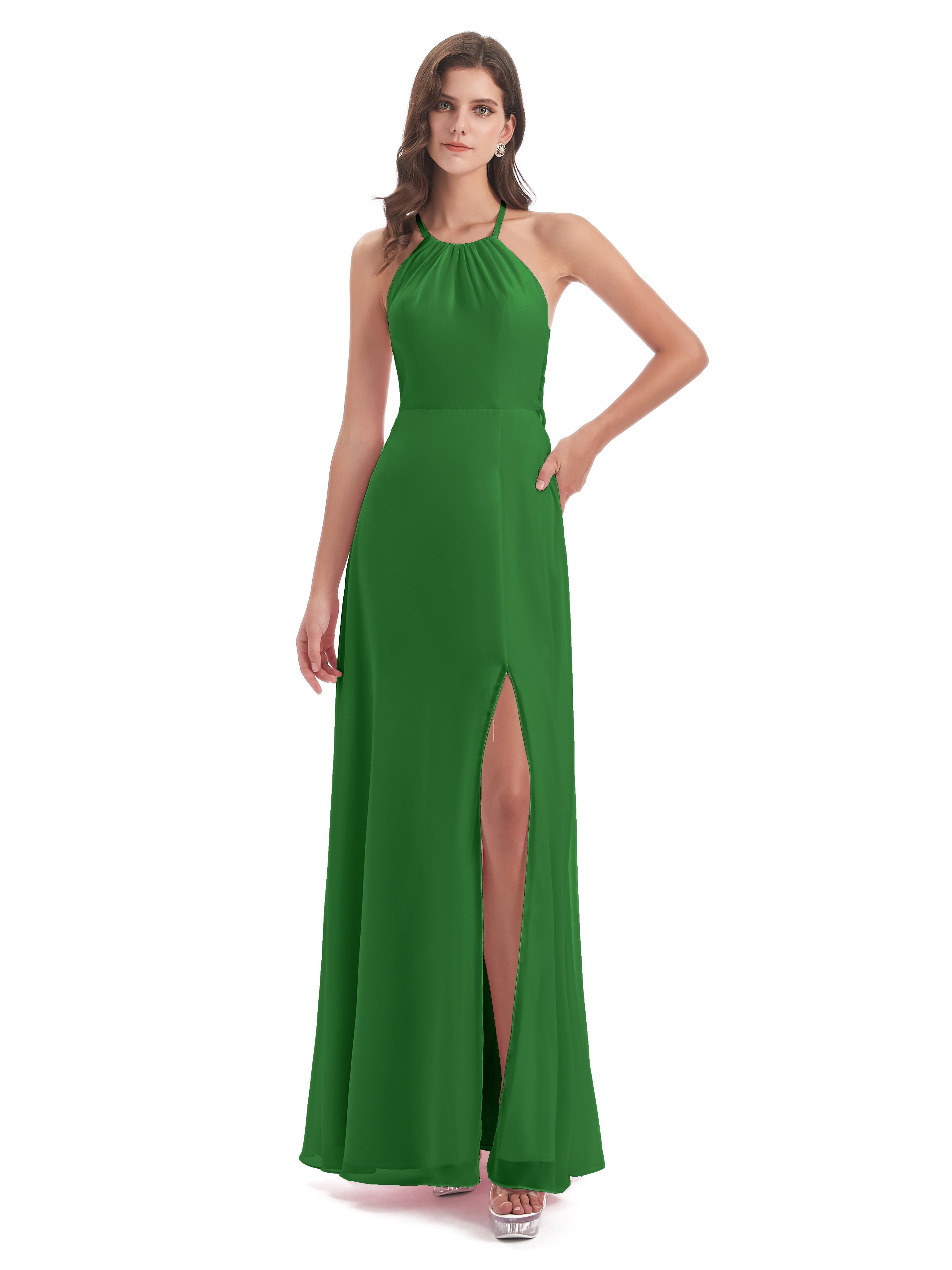 Robe De Demoiselle D'Honneur Verte Dos Nu Licou Fendue Robes Demoiselle D'Honneur