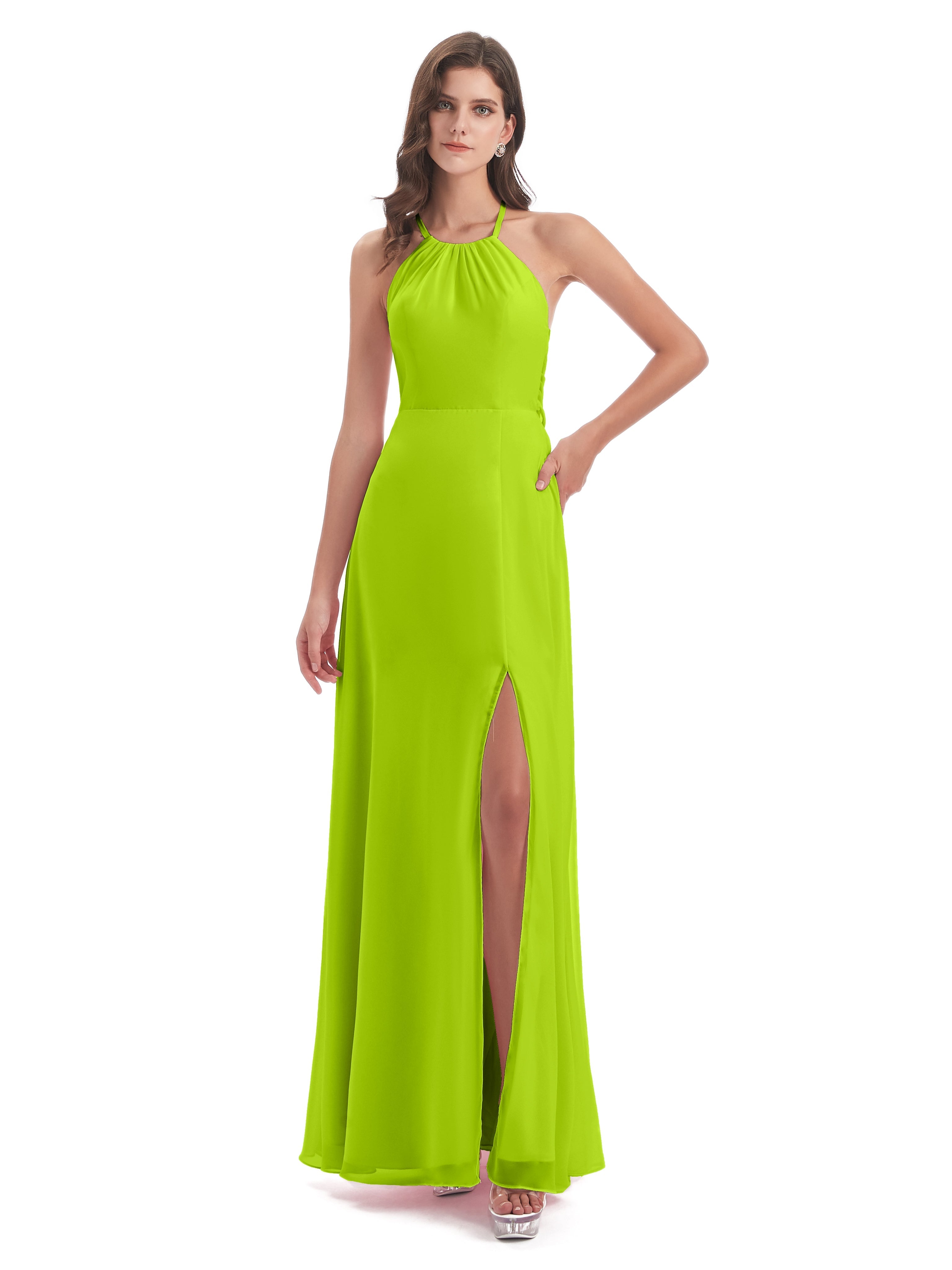 Robes De Demoiselle D'Honneur Vert Citron Dos Nu Licou Fendue Robes Demoiselle D'Honneur