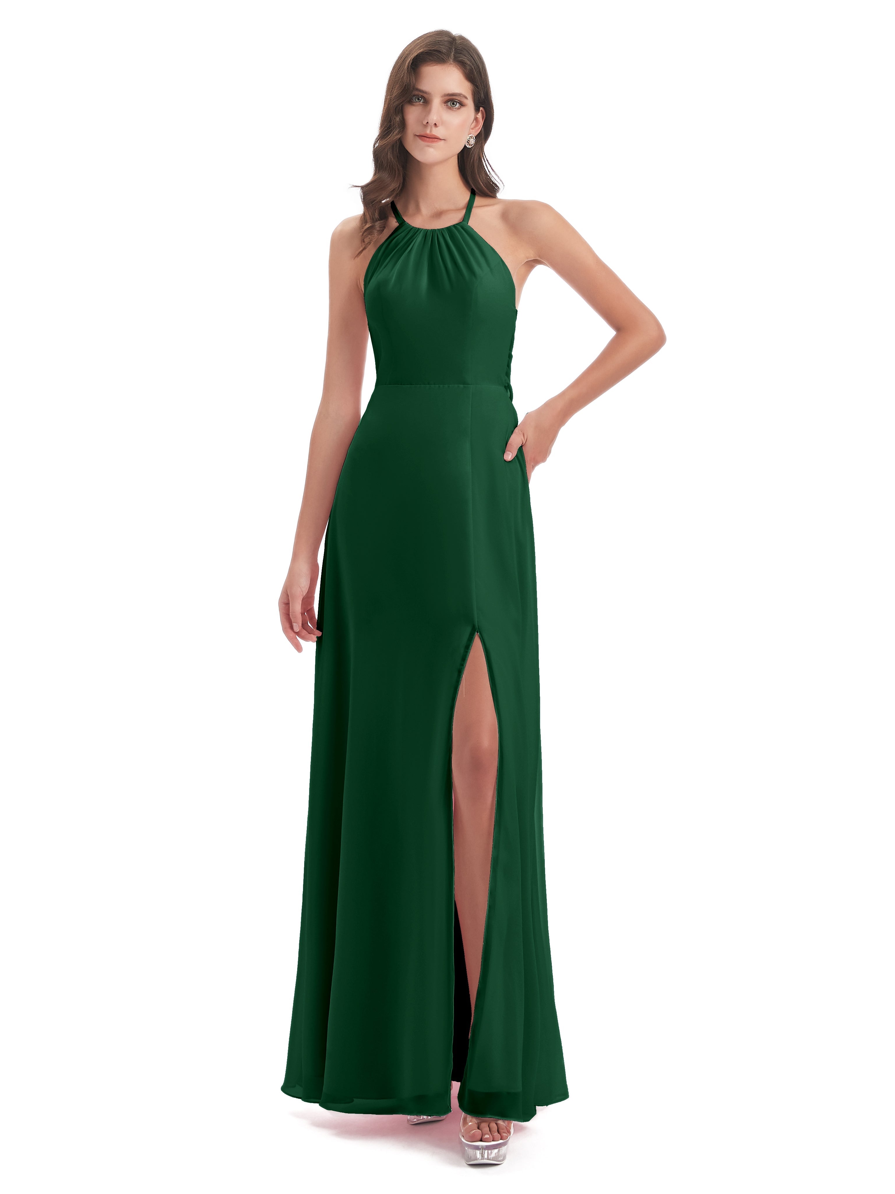 Robes De Demoiselle D'Honneur Vert Foncé Dos Nu Licou Fendue Robes Demoiselle D'Honneur