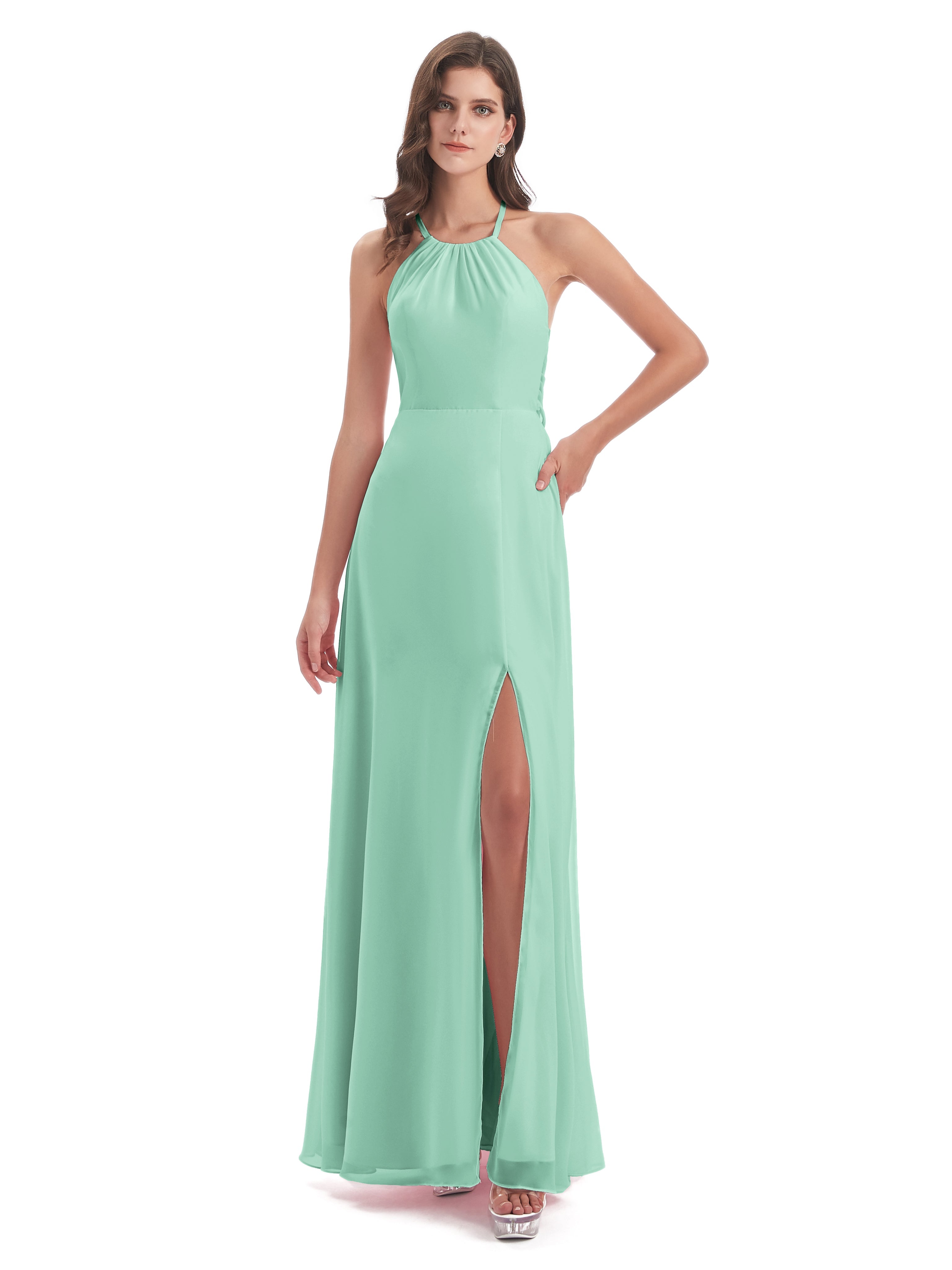Robe Demoiselle D Honneur Vert Menthe Dos Nu Licou Fendue Robes Demoiselle D'Honneur