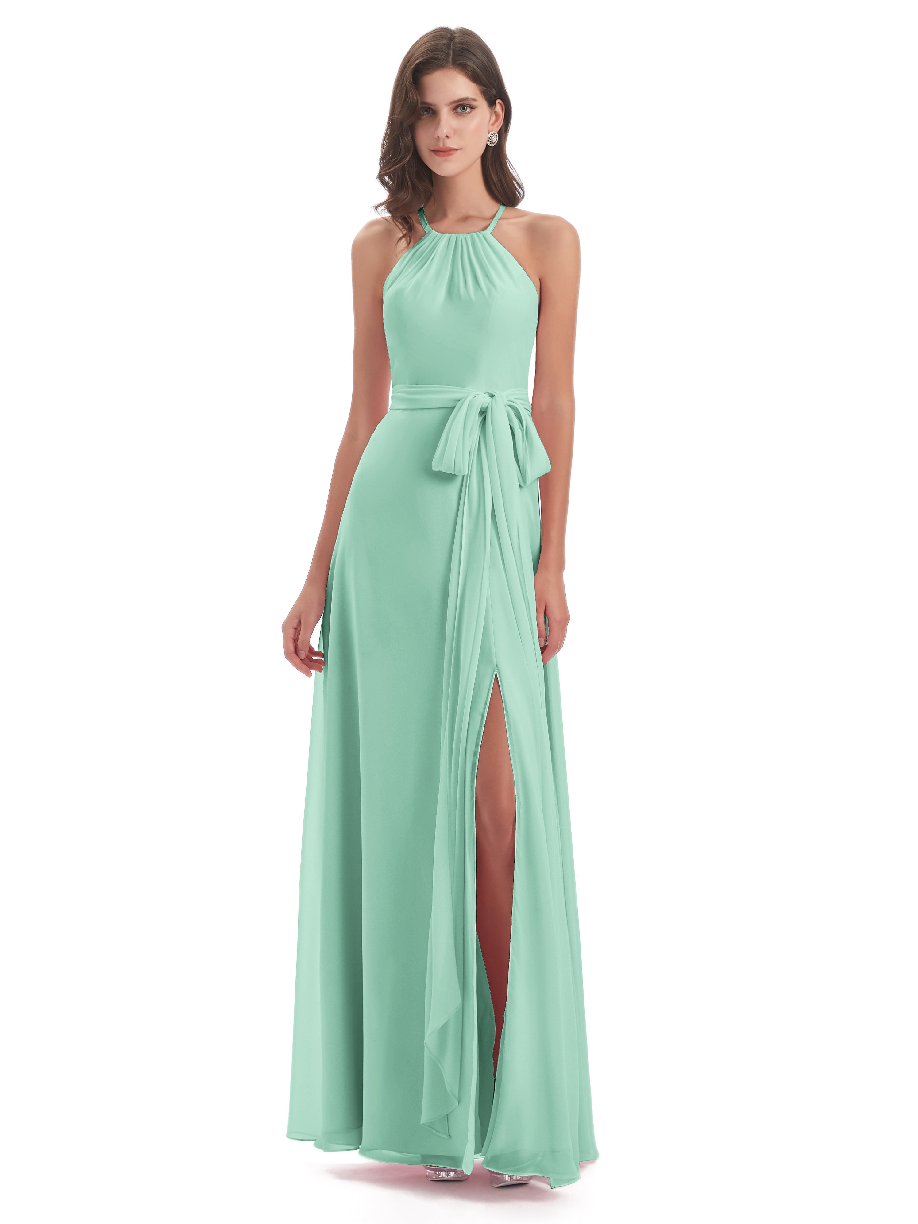 Robe Demoiselle D Honneur Vert Menthe Dos Nu Licou Fendue Robes Demoiselle D'Honneur