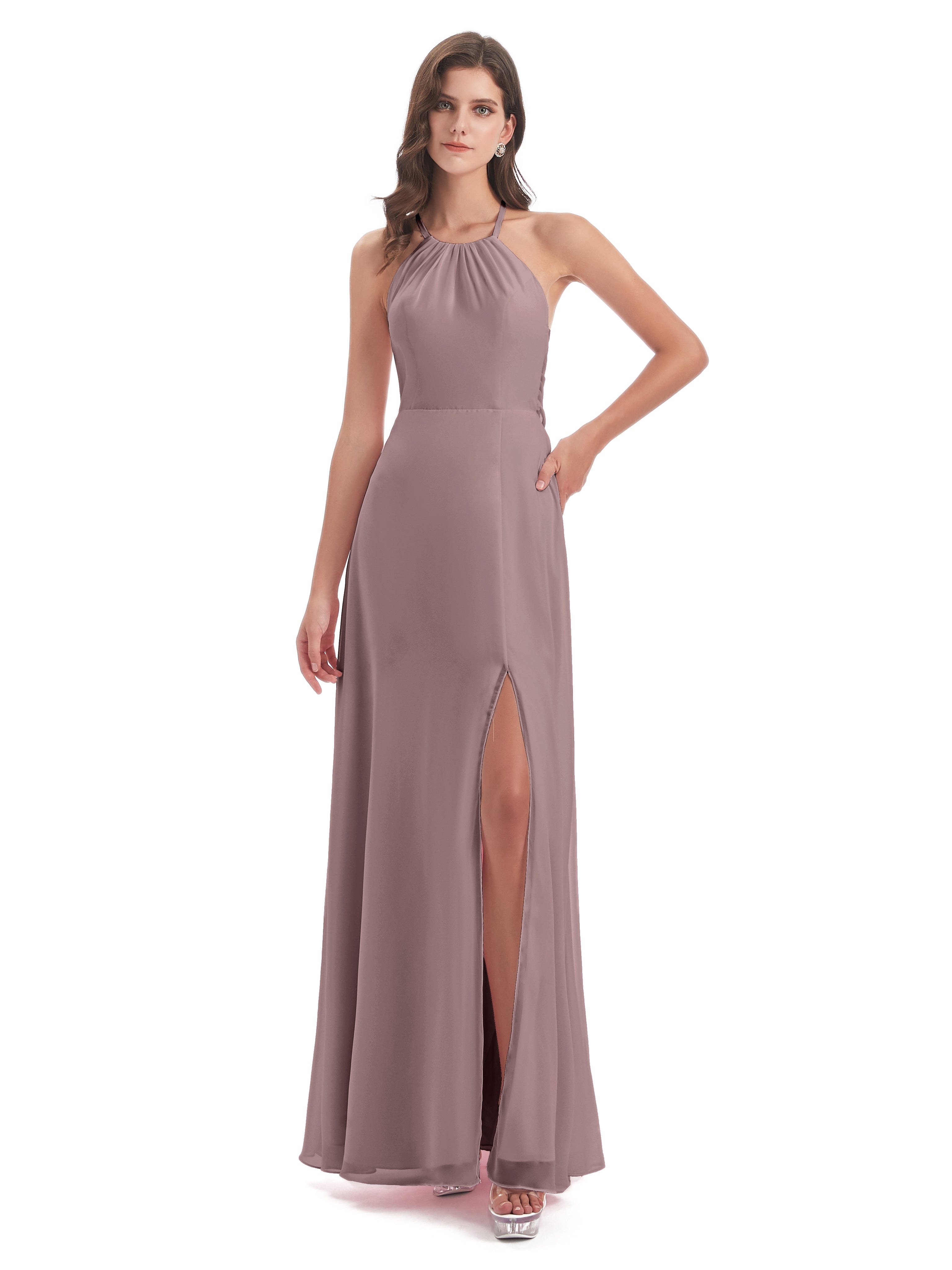 Robes De Demoiselle D'Honneur Mauve Foncé Dos Nu Licou Fendue Robes Demoiselle D'Honneur