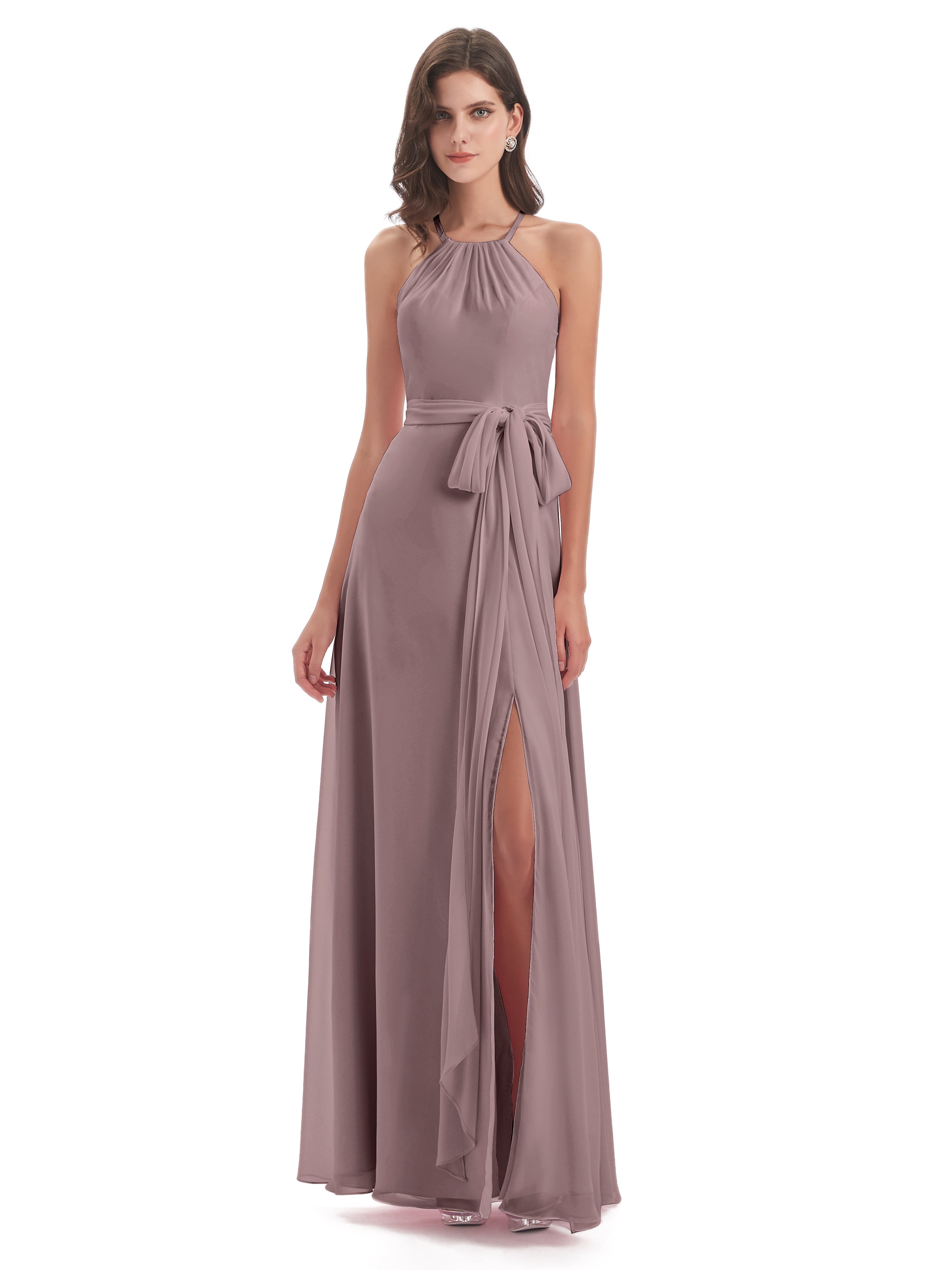 Robes De Demoiselle D'Honneur Mauve Foncé Dos Nu Licou Fendue Robes Demoiselle D'Honneur