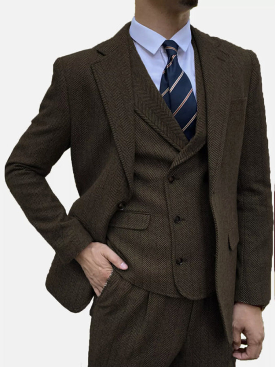 Costume Homme 3 Pièces en CAFE en Tweed à Motif Chevron Style Rétro et Coupe Slim pour Affaires Décontracté