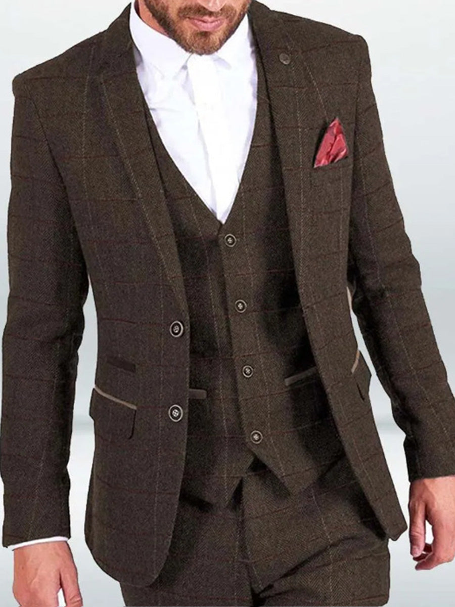 Costume Homme 3 Pièces en Café Nouvelle Collection Tweed à Motifs Chevron et Carreaux Coupe Slim Affaires & Cérémonie